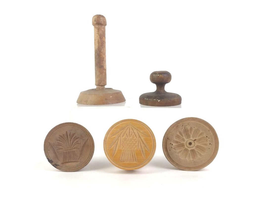 5 Pennsylvanian Butter Presses: Believed to be from 1860-1890. 3" to 3-3/4" diameter x 1" to 6-1/2" high. Some splits to wood. LR