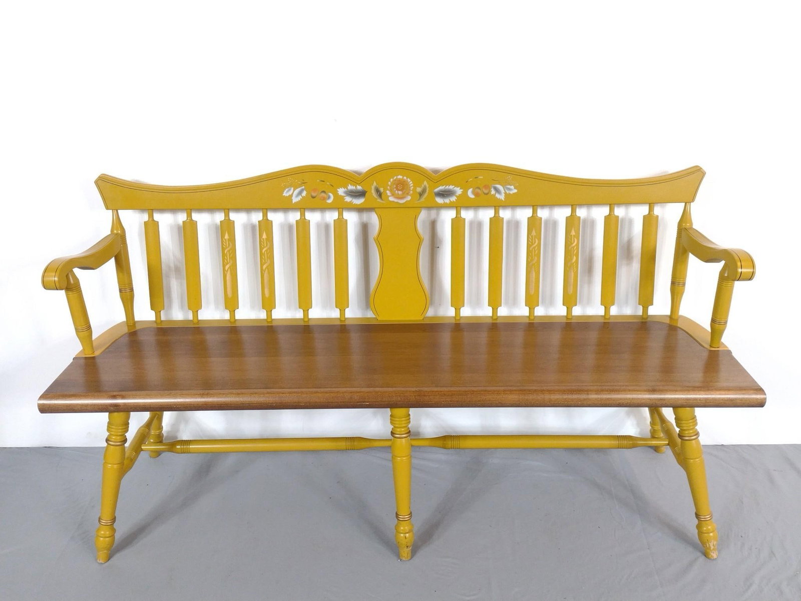 Stencil Painted Bench: 60" wide X 20" deep X 31-1/2" high. Has some finish loss around feet. Also has some light scratches. No manufactures name found. MG.