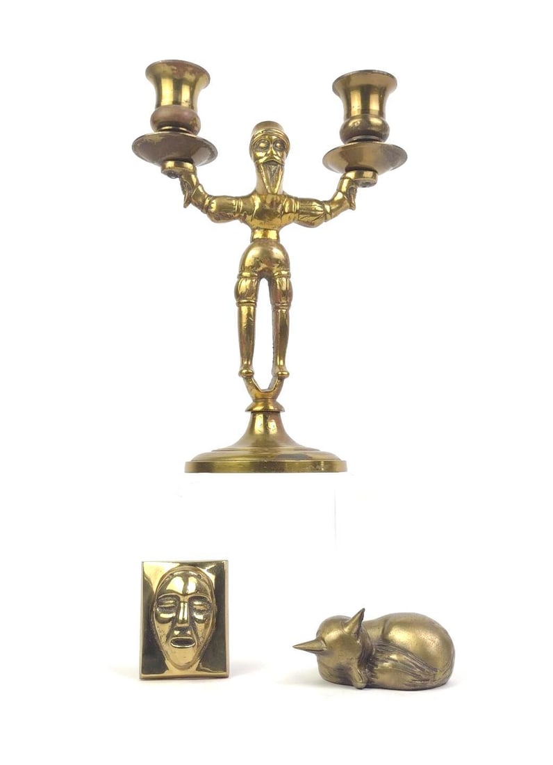 3 Pcs Brass incl Figural Candle Holder, Fox & G.B. Fenstermaker Plaque (1 of 3)