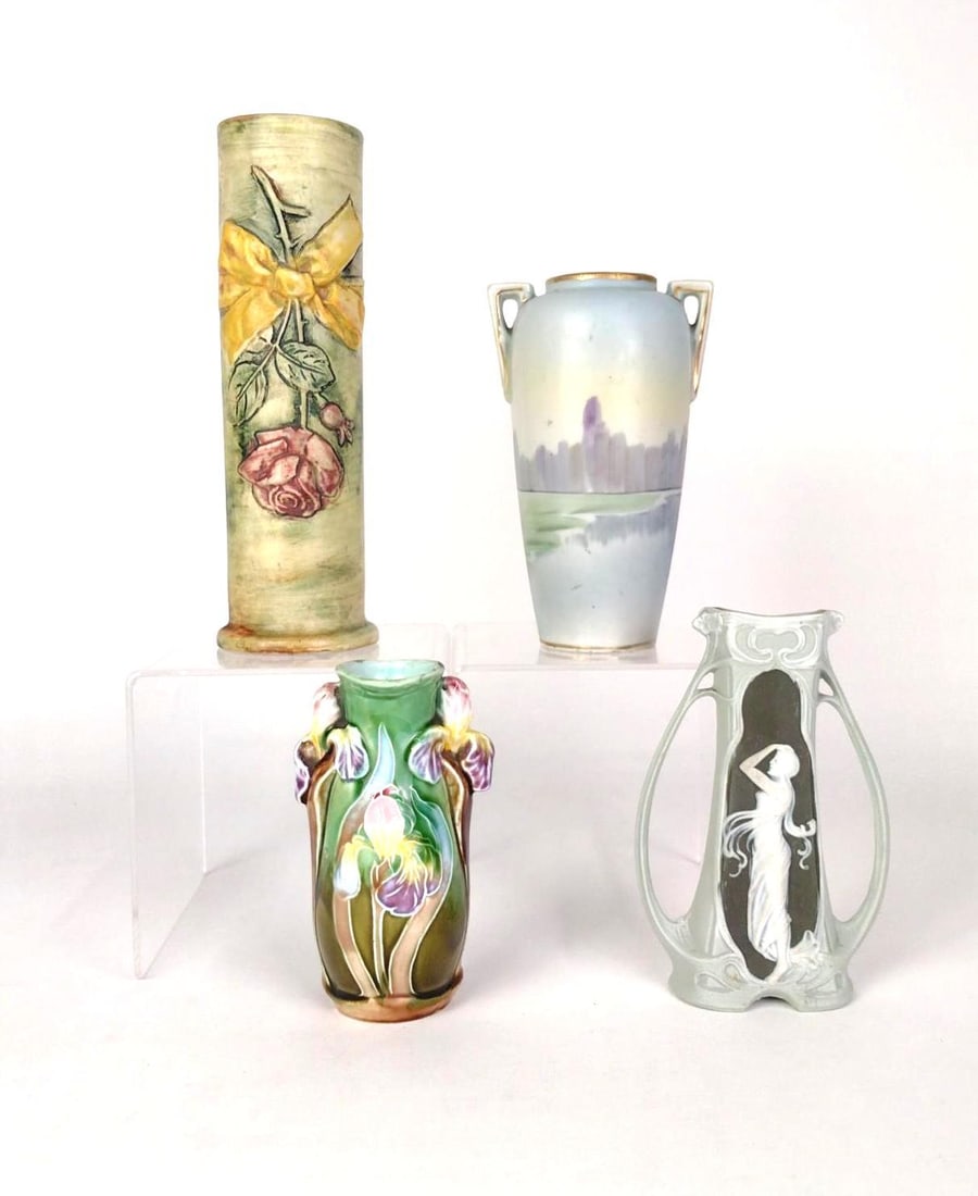 4 Vases incl Majolica and Takito Company: Also includes ceramic vase with roses and figural bisque (marked 5786). 5" to 8-3/4" high. LR