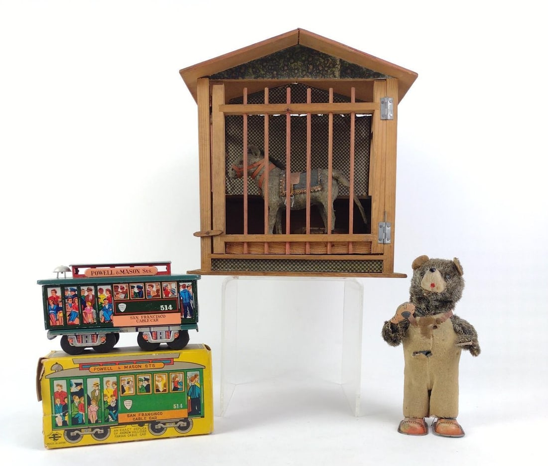 3 Vintage Toys incl Powell and Mason Tin Litho Cable Car: Also includes made in Japan bear (not working, missing book) and donkey in stable (unmarked). 3-1/2" to 9-1/2" wide x 3" to 10" high. Some losses consistent with age and use. LR