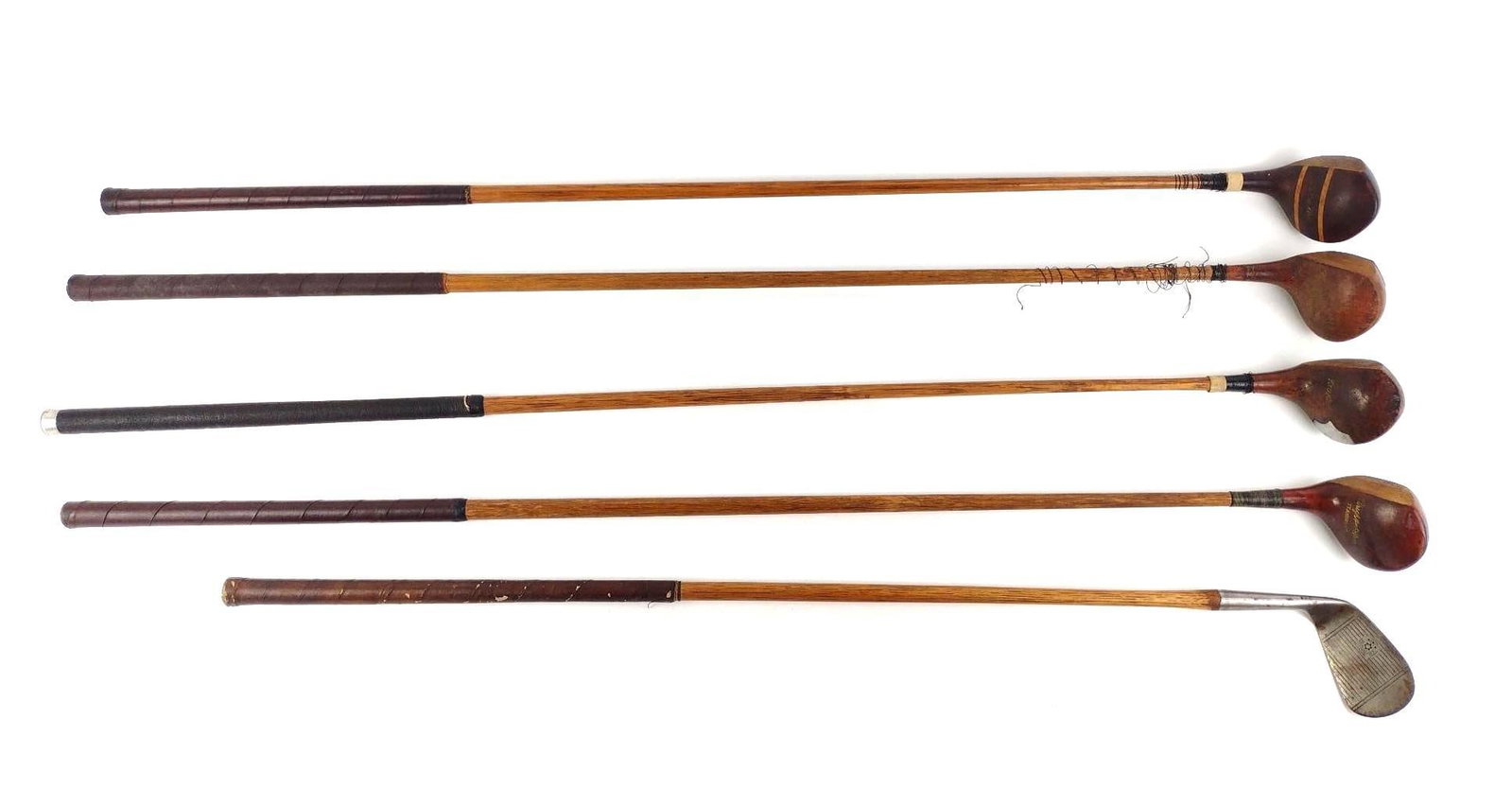 5 Vintage Wood Shaft Golf Clubs incl Kroydon: 36-1/2" to 44-1/2" high. LR