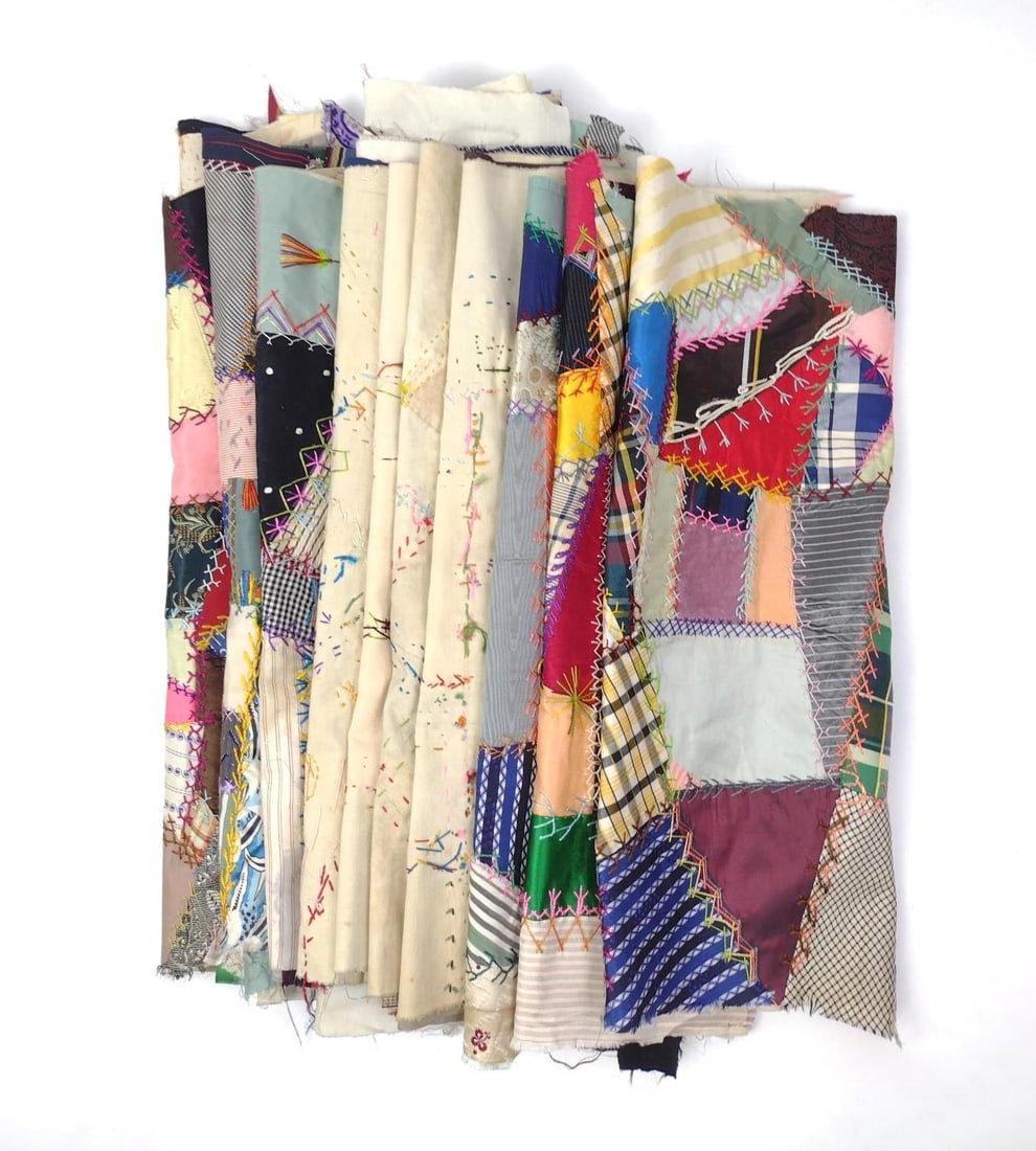 10 Crazy Quilt Fragments: Various sizes and materials. LR