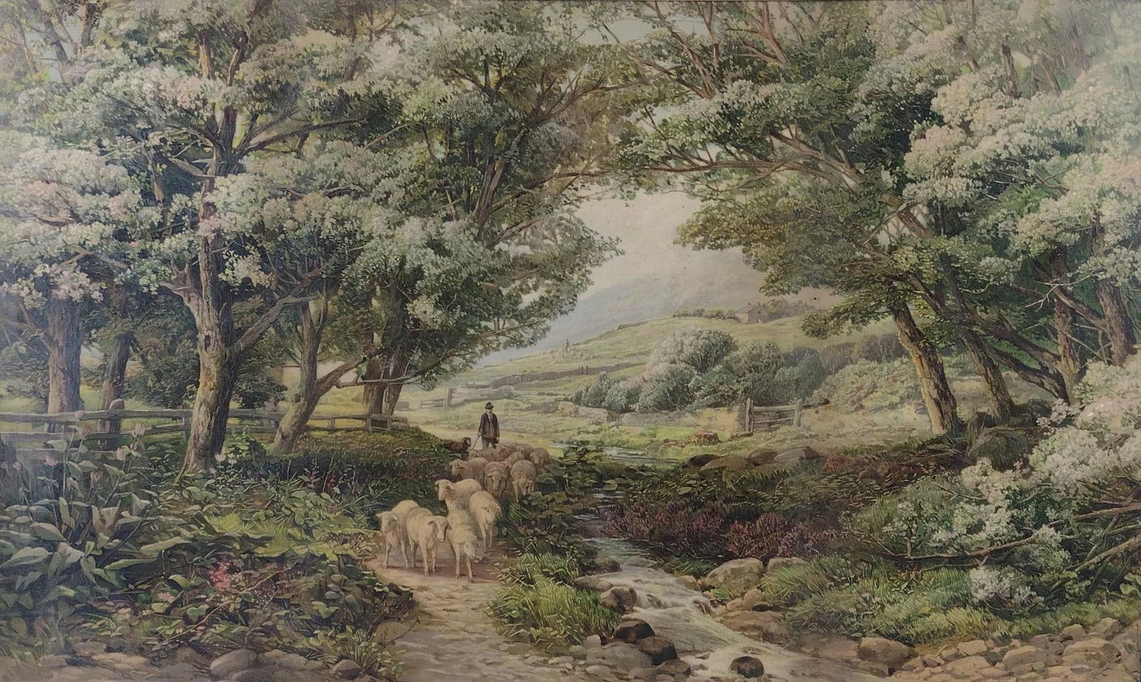 Andrew Melrose "Under The Hawthorns" Print: Sight: 21" high x 34" wide. Overall with frame: 29-1/2" high x 41-1/2" wide. LR