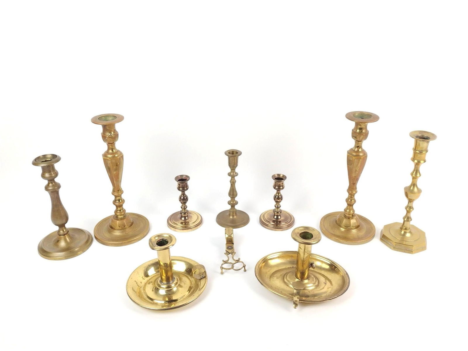 9 Brass Candle Holders and Candle Snuffer (1 of 5)