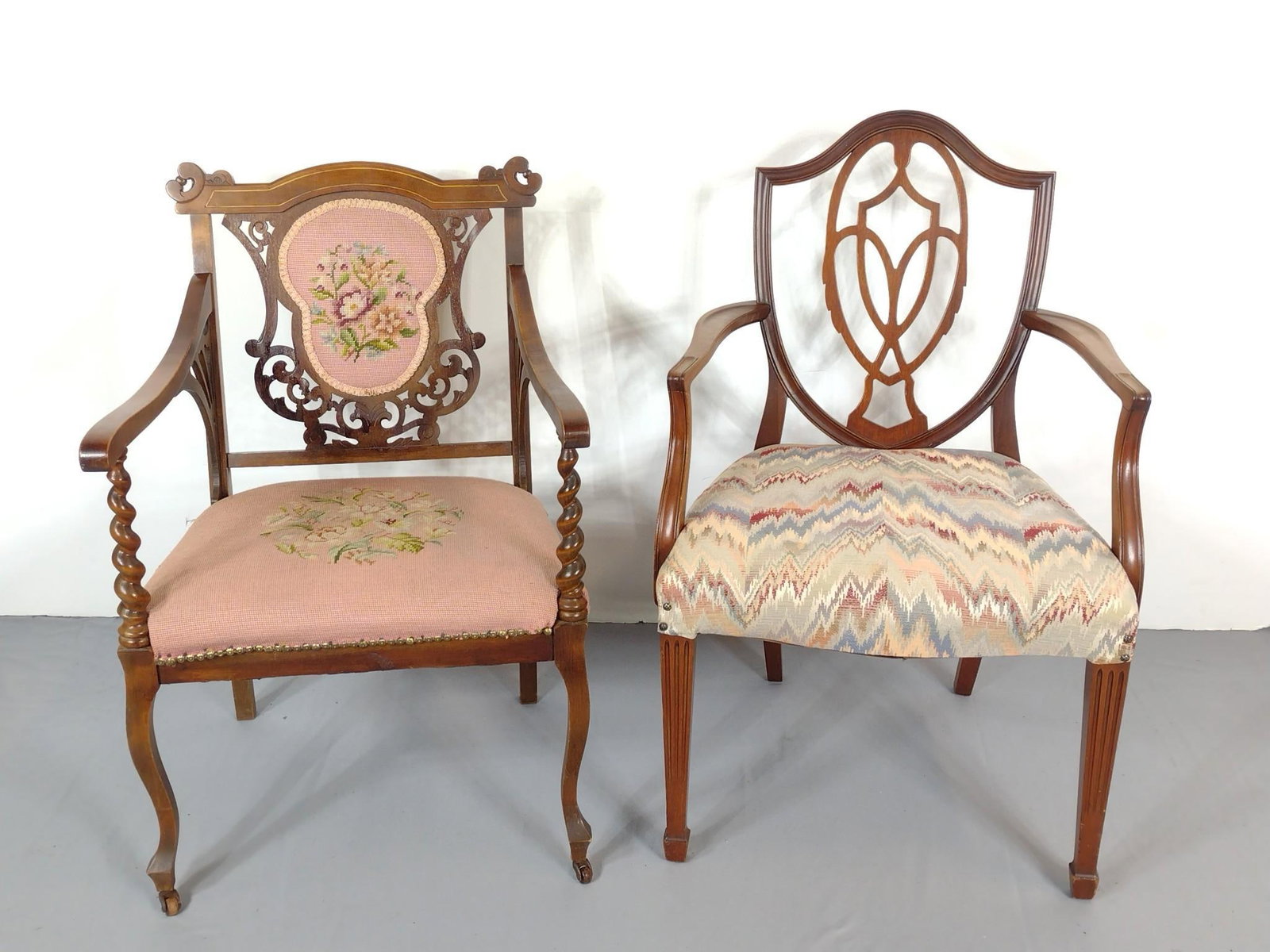 Needle Point & Shield Back Chairs: From 22-3/4" to 24-1/4" wide X 23-1/2 to 24-1/2" deep X 34" to 37" high. Both have some light scratches. Needle Point Chair has some veneer loss. MG.