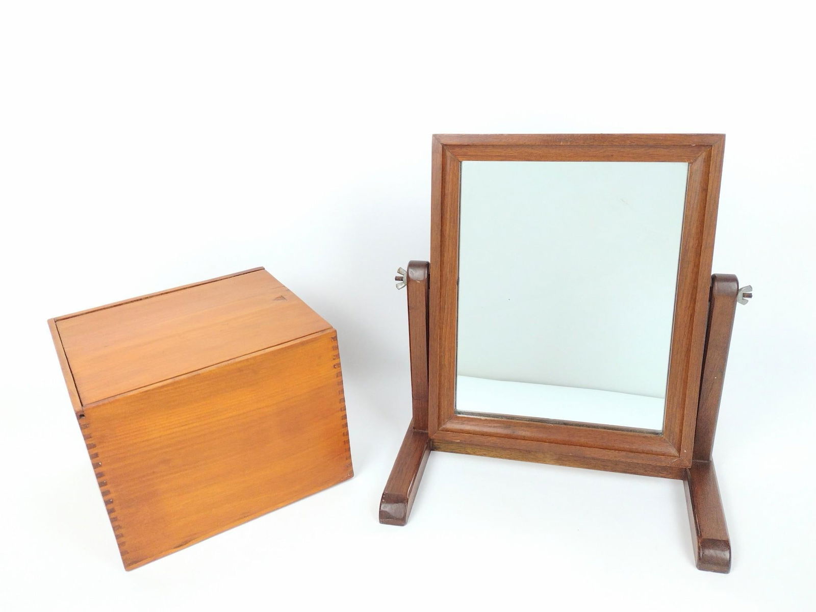 Wood Box and Shaving Mirror: Mirror: 11-1-2" wide x 10" deep x 13-1/4" high. LR