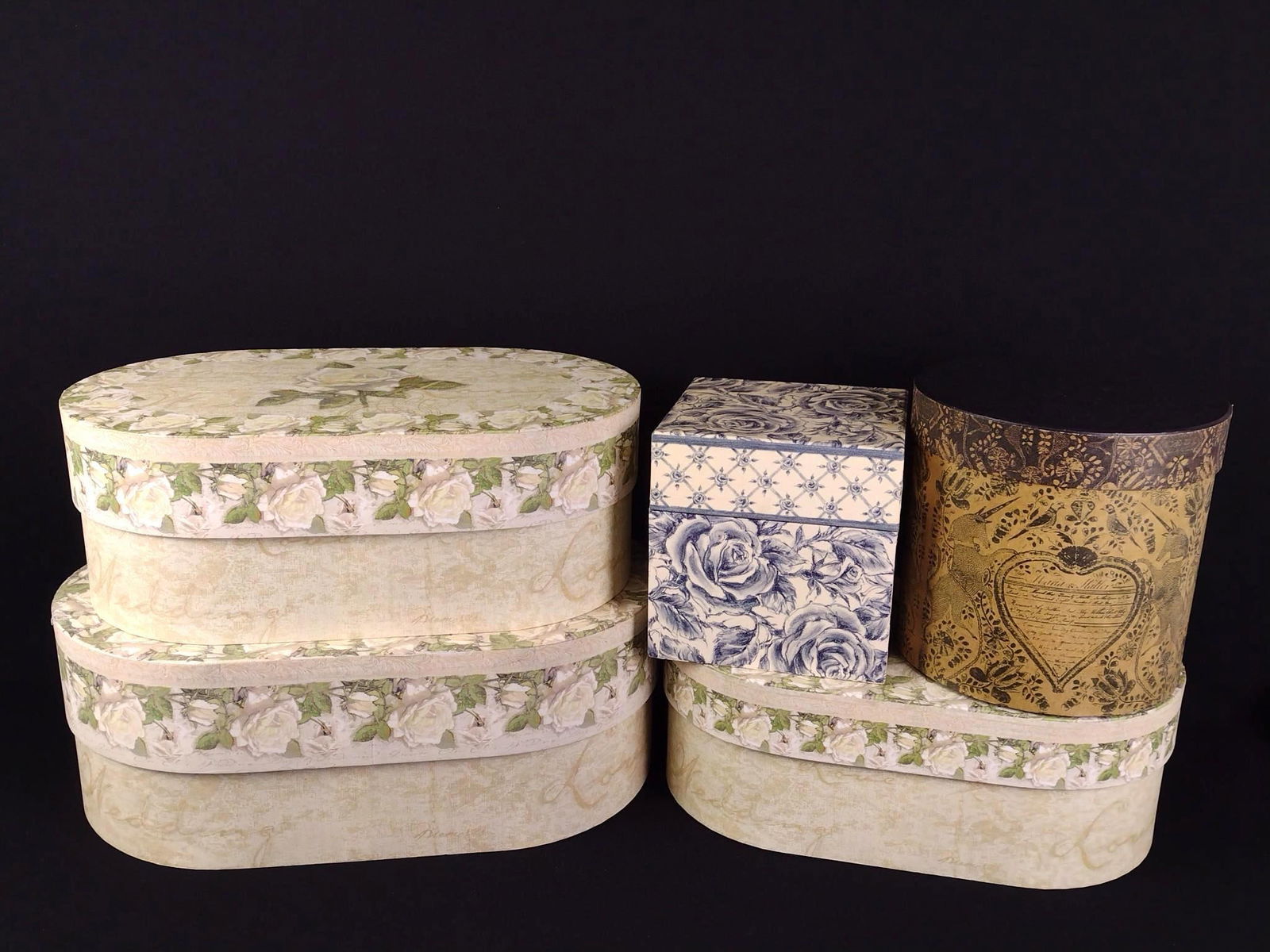 5 Decorative Boxes incl White Rose: 5-3/4" to 8-1/2" high. LR