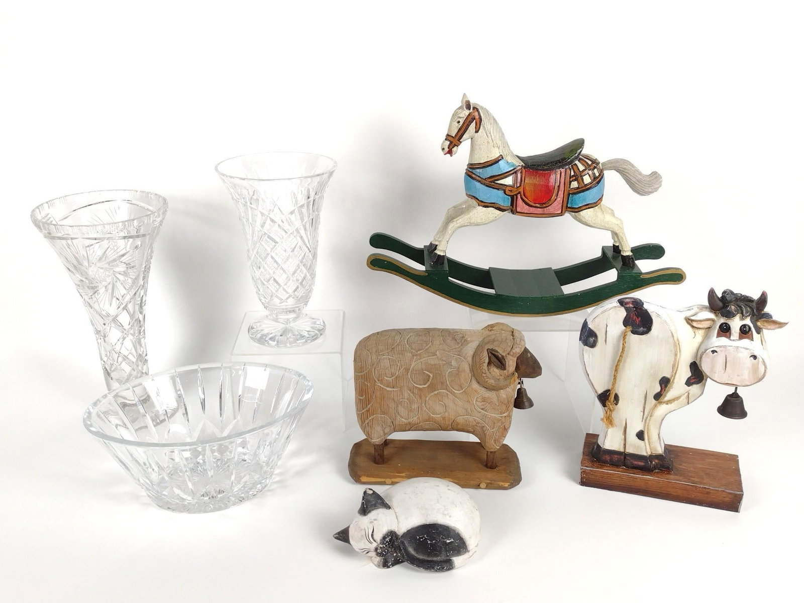 4 Animal Figurines and 3 Pcs Cut Glass: Cut glass: All unmarked. 5" to 12-3/4" high. Animal figurines: Made of wood and resin. 2-1/2" to 11-1/2" high. LR
