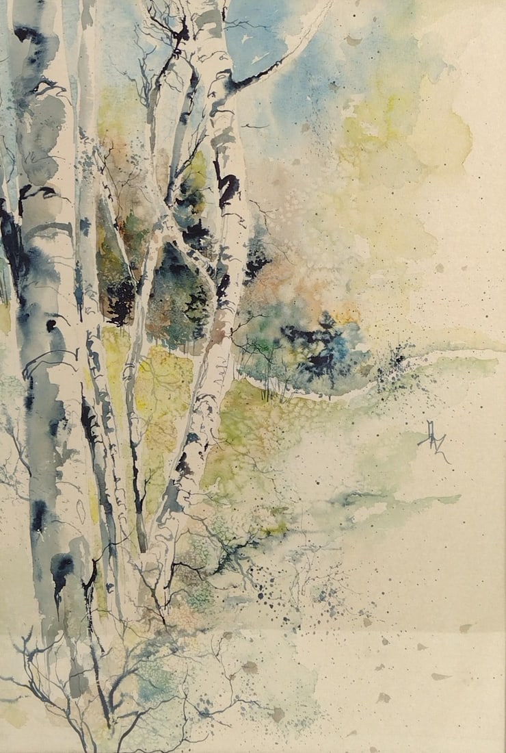 Dolores A.Z. Powell Trees Watercolor: Sight: 19" high x 13" wide. Overall with frame 24-1/4" high x 18-1/4" wide. LR