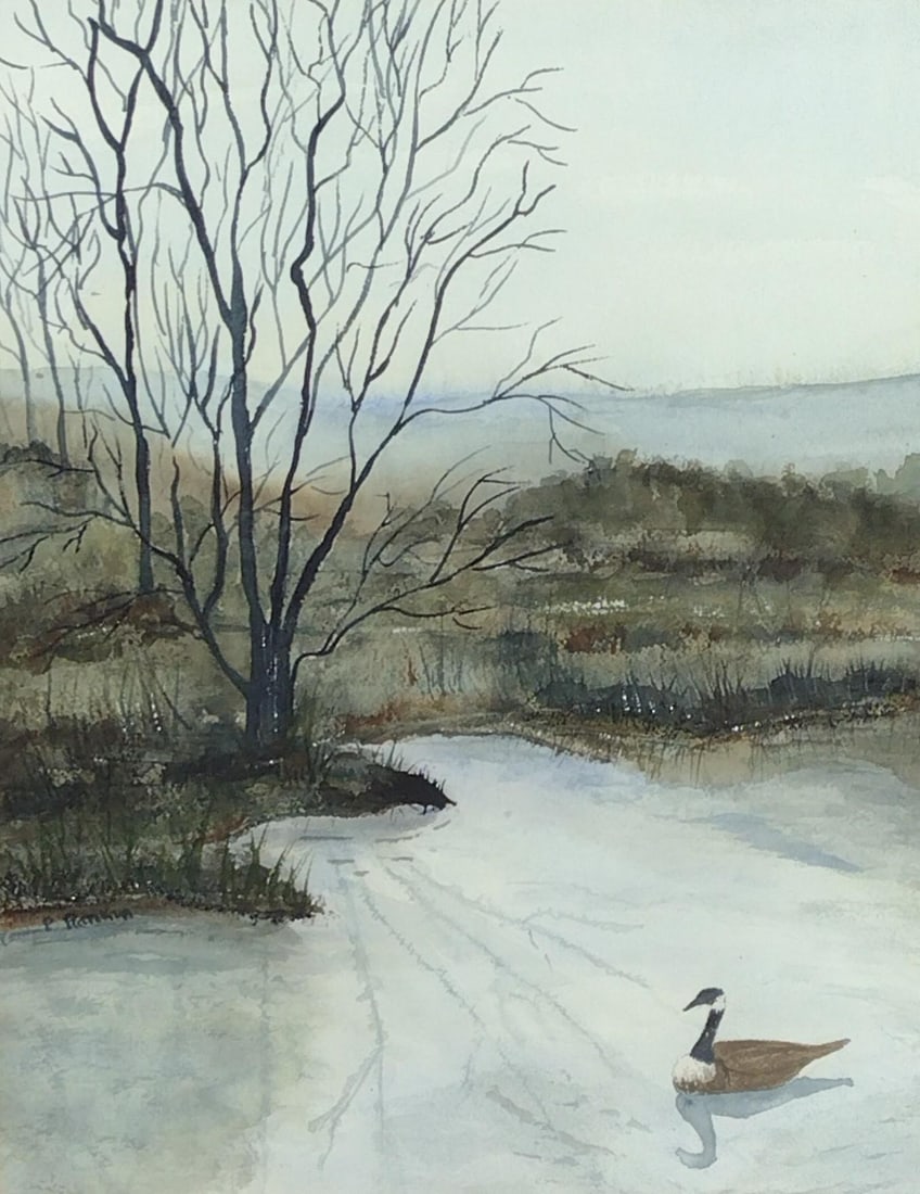 P. Rankin Winter Goose Watercolor: Sight: 13-1/4" high x 10-1/2" wide. Overall with frame 21-1/2" high x 17-1/2" wide. LR