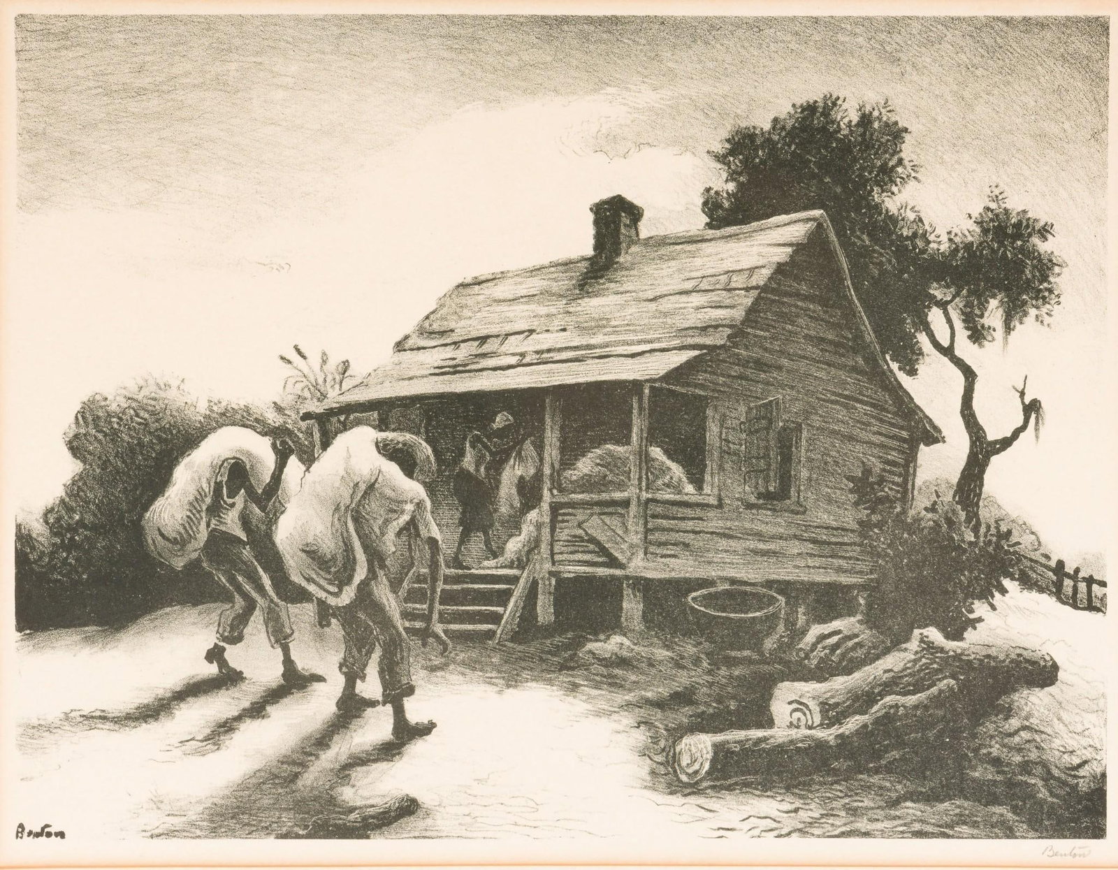 Thomas Hart Benton "Back From The Fields" Signed Lithograph: DESCRIPTION: Thomas Hart Benton "Back From The Fields" signed lithograph. Published in an edition of 250 in 1945 by Associated American Artists, New York, and still in the original Associated American