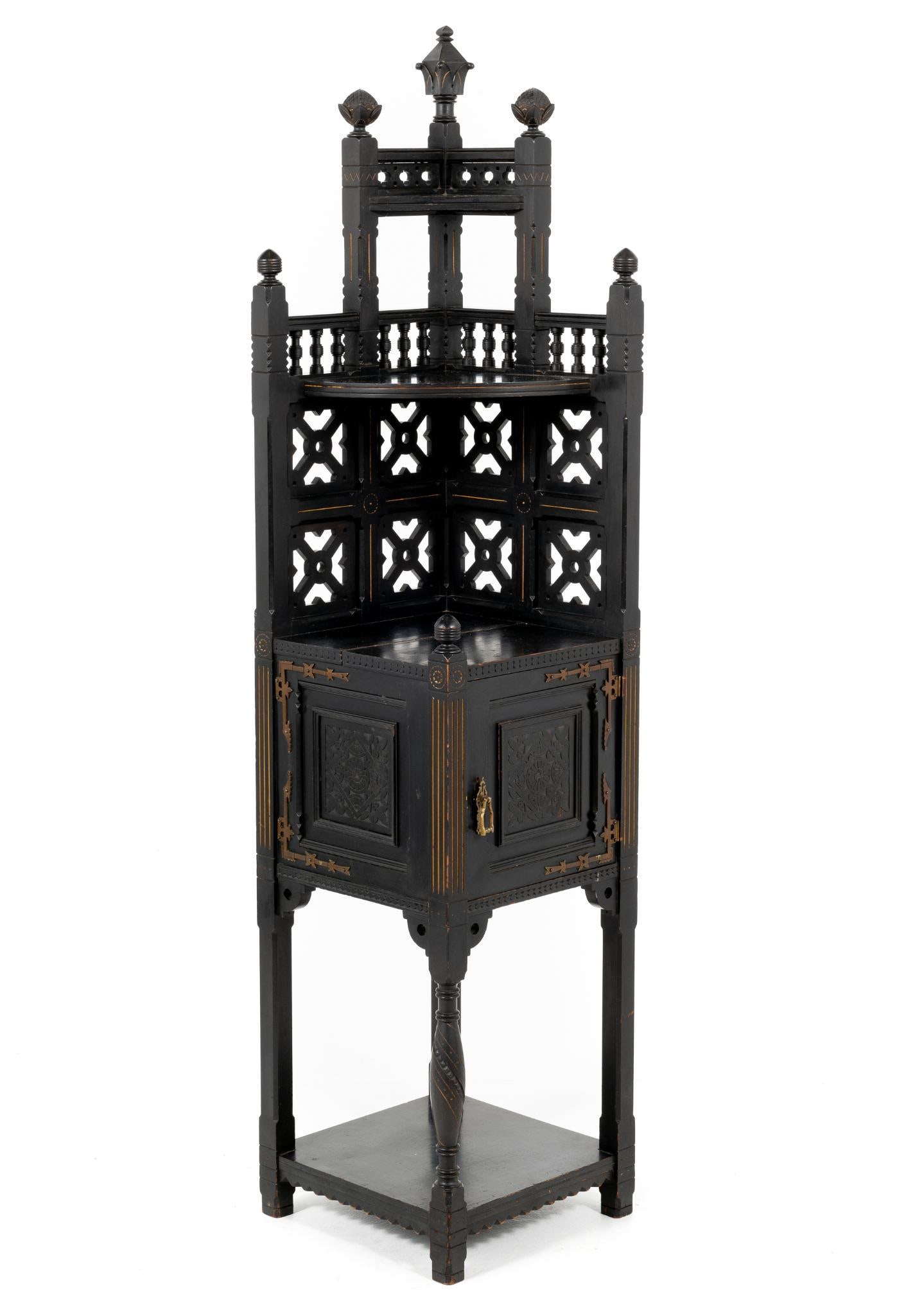 Gothic Aesthetic Corner Cupboard: DESCRIPTION: A Gothic Aesthetic Corner Cupboard, probably circa 1890s Germany. It is a 1-door cupboard with one bottom shelf and two smaller top shelves. Golden Gothic-style hinges to door with additi