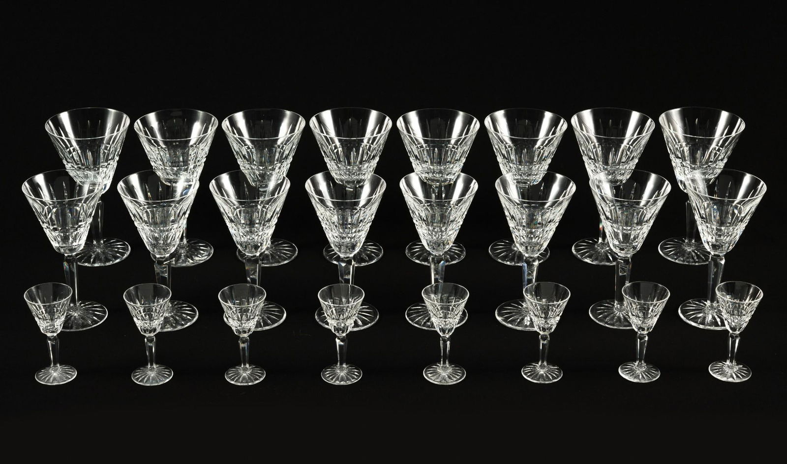24 Waterford Glenmore Crystal Water Goblets: DESCRIPTION: Includes (8) 3-1/2" diameter x 6-1/2" high; (8) 4" diameter x 7" high; and (8) 2" diameter x 3-3/4" high. CONDITION: No condition issue. MEG