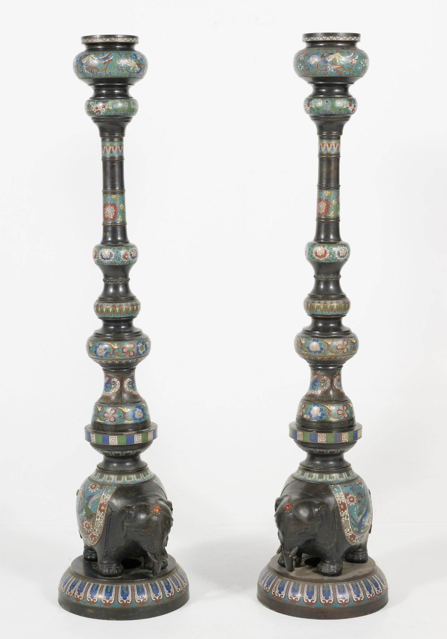 19th C. Pr. Chinese Bronze Elephant Base Cloisonne Floor Standing Oil Lamps (1 of 7)