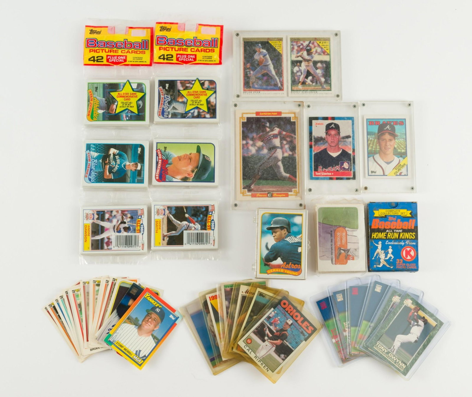 Baseball Cards Incl. Ripken, Rac Packs, etc.: Dozens of modern baseball cards including (2) 1989 Topps Rac Packs, Ripken, G. Maddux, Gwynn, and more. AJ.