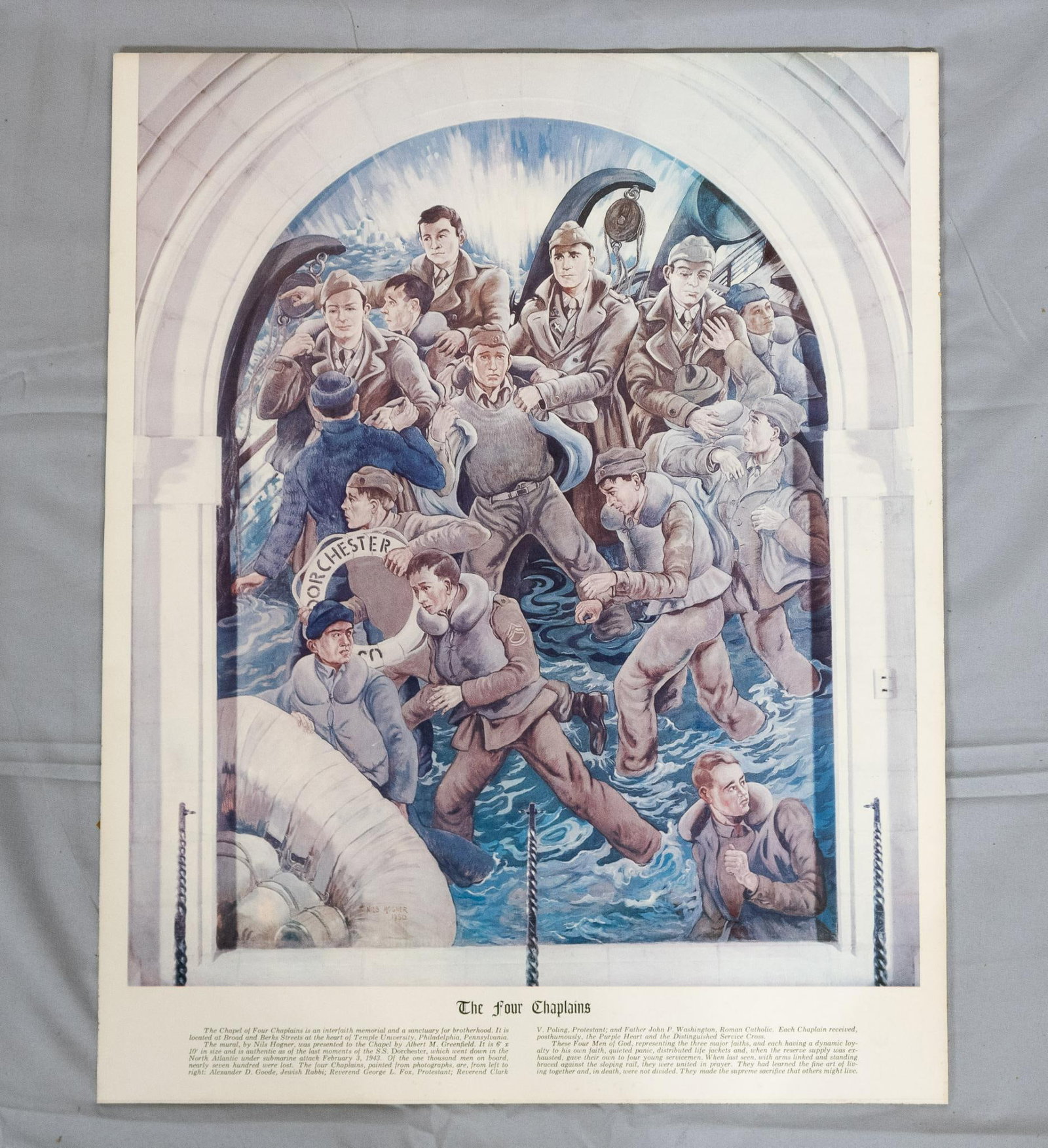 "The Four Chaplains" S.S. Dorchester WWII Memorial: Illustration taken from a memorial mural at the Chapel of the Four Chaplains, Philadelphia. The Four Chaplains were of different faiths and all perished in the sinking of the S.S. Dorchester after hel