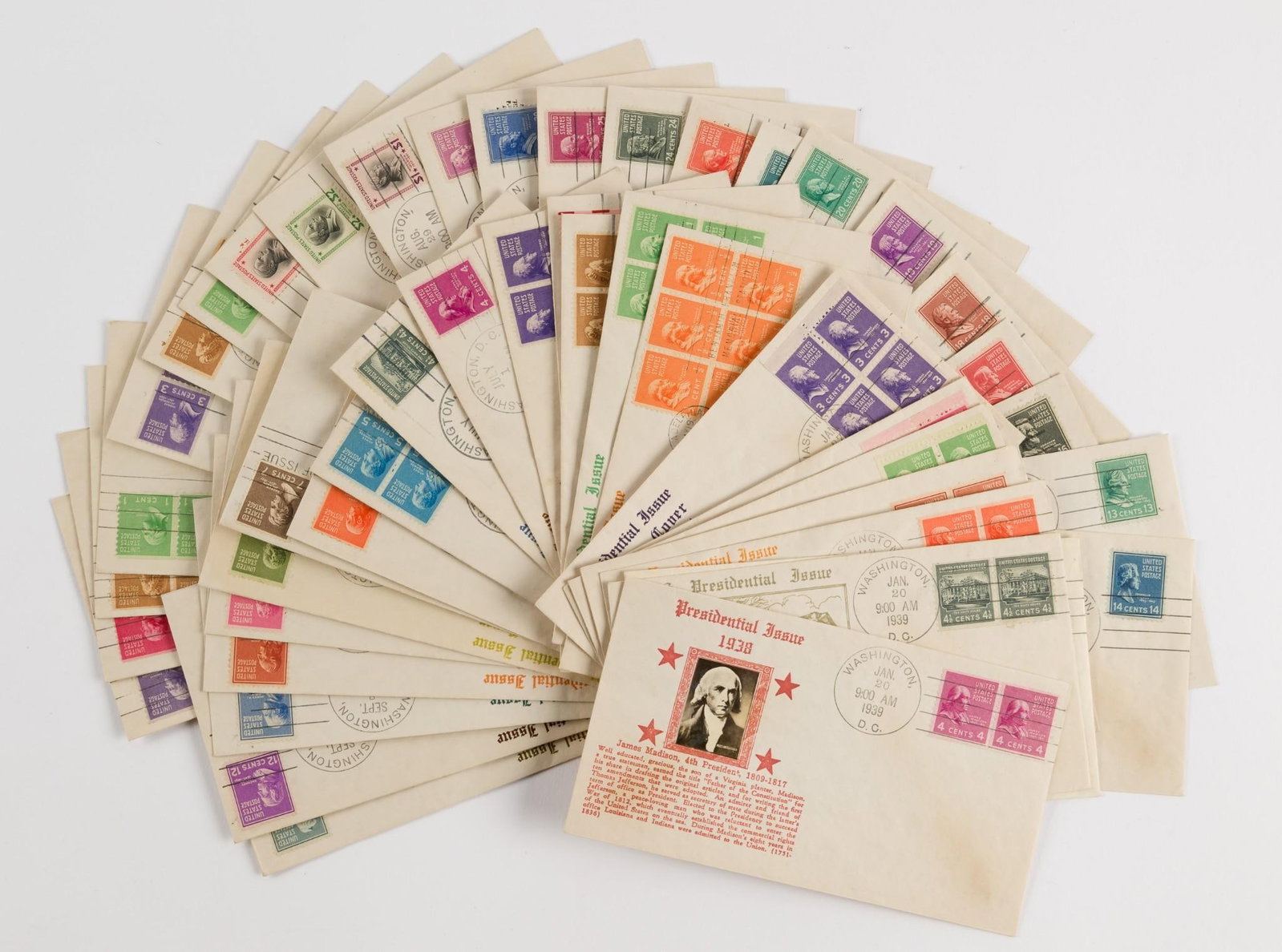 1938 Presidential St of First Day Covers. #803 - #834: #803-#834 Unaddressed with Cachet. Includes Coils and Booklet Panes. AJ.