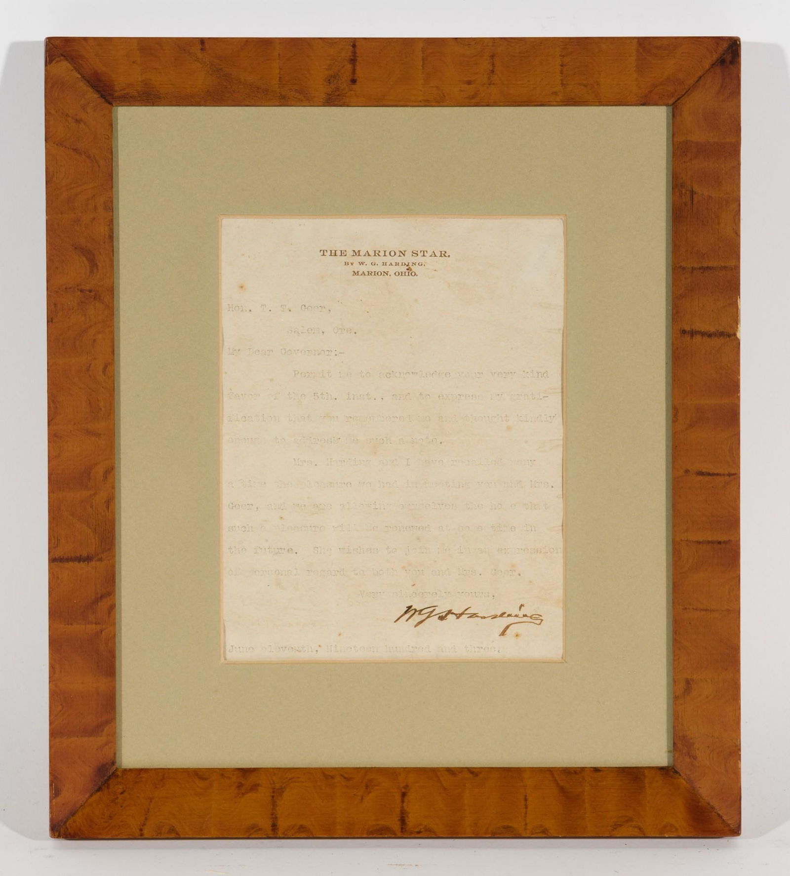 1903 Warren G. Harding Signed Letter On Marion Star Stationary (1 of 3)