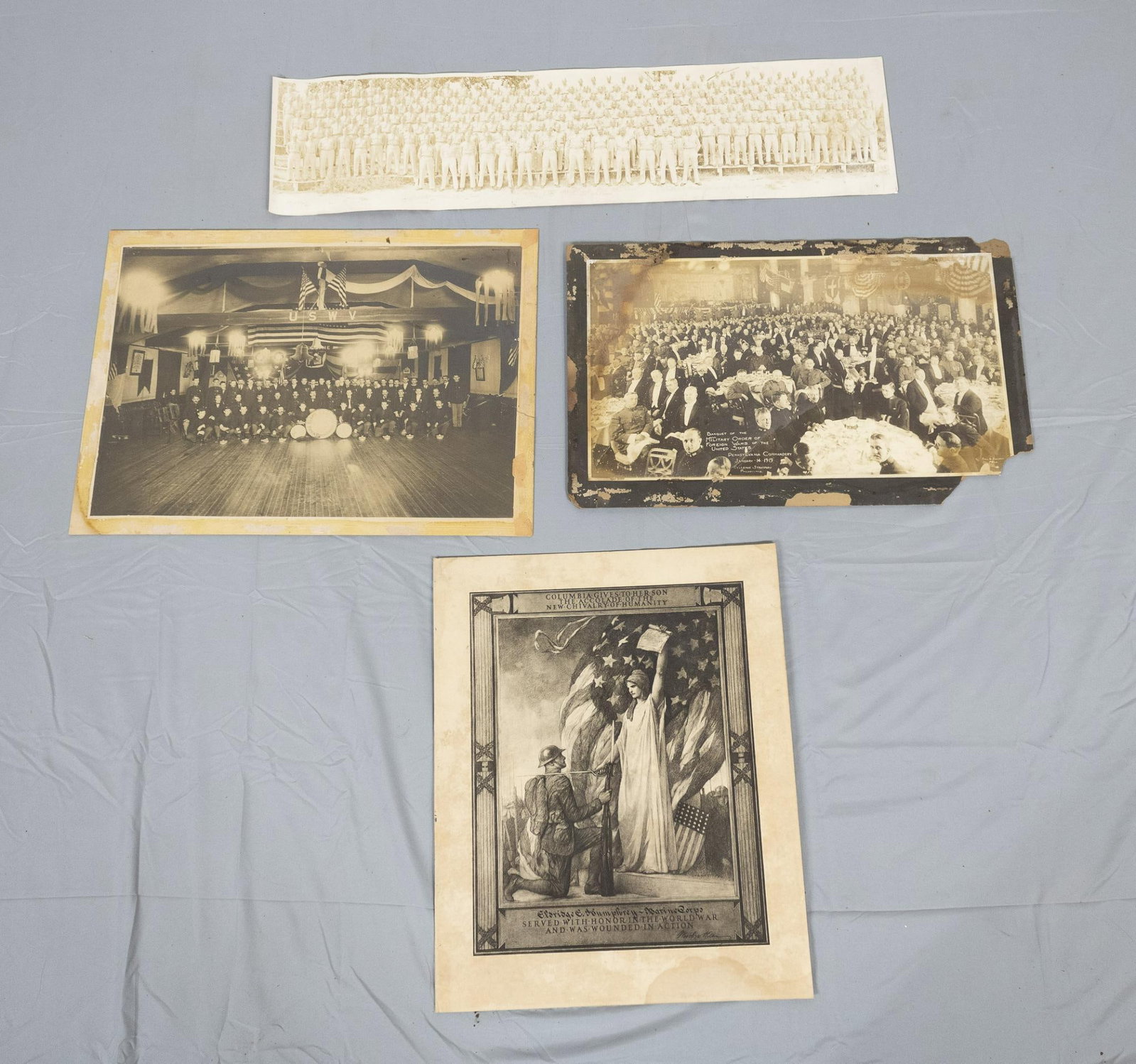 4 American Military Pieces Incl. Veteran Reunions: Also includes WWI propaganda illustration. Wear to some photographs. 19-3/4" x 16" and up. PROVENANCE: Deacession from the Independence Seaport Museum in Philadelphia, Pennsylvania. AJ.