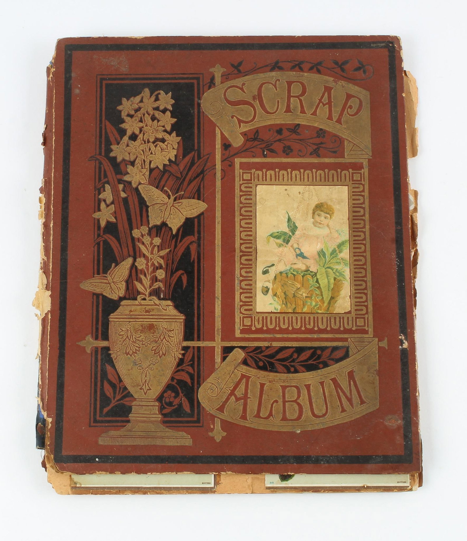 Victorian Trade Cards Scrapbook Album: Includes flowers, figures, advertisements, and more. Losses to pages. Approx. 60 cards. MEG