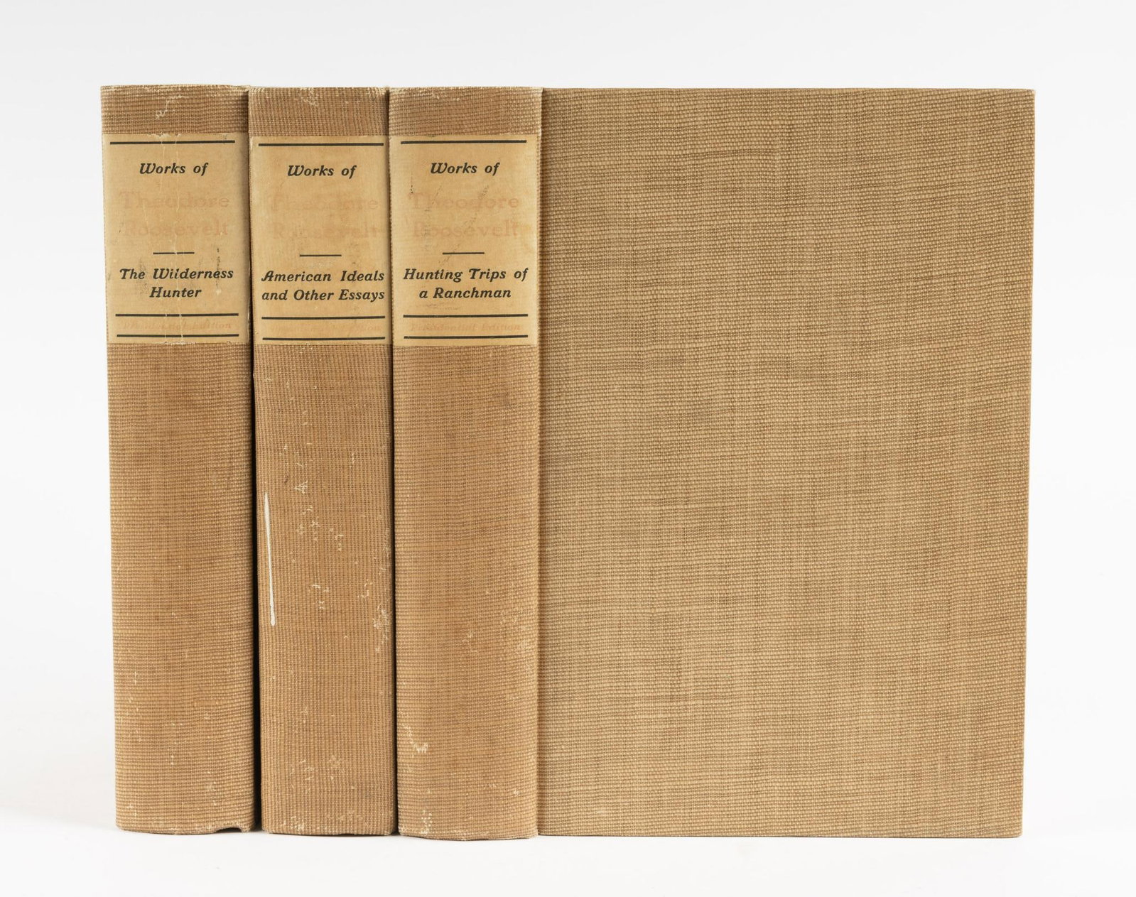 3 Volumes of Works of Theodore Roosevelt: Works of Theodore Roosevelt by Theodore Roosevelt. All three published by G. P. Putnam's Sons and Knickerbocker Press. Presidential Edition. First titled "The Wilderness Hunter: An Account of the Big 