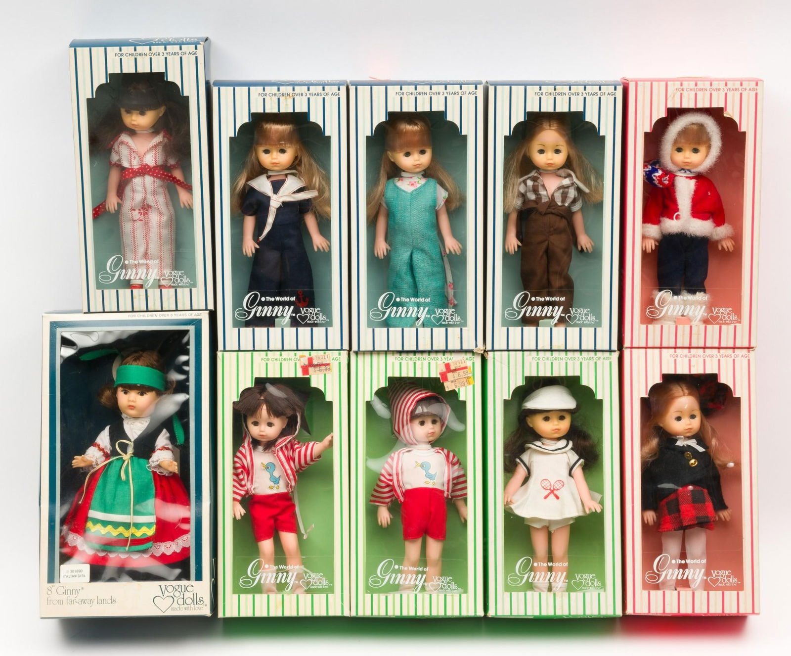 10 Vogue Dolls: Ten Vogue Dolls in original boxes. Includes Italian girl; girl in tennis outfit; (2) dolls with duck shirts; girl in green overalls; girl in sailor outfit; girl in winter coat; girl in red and black p