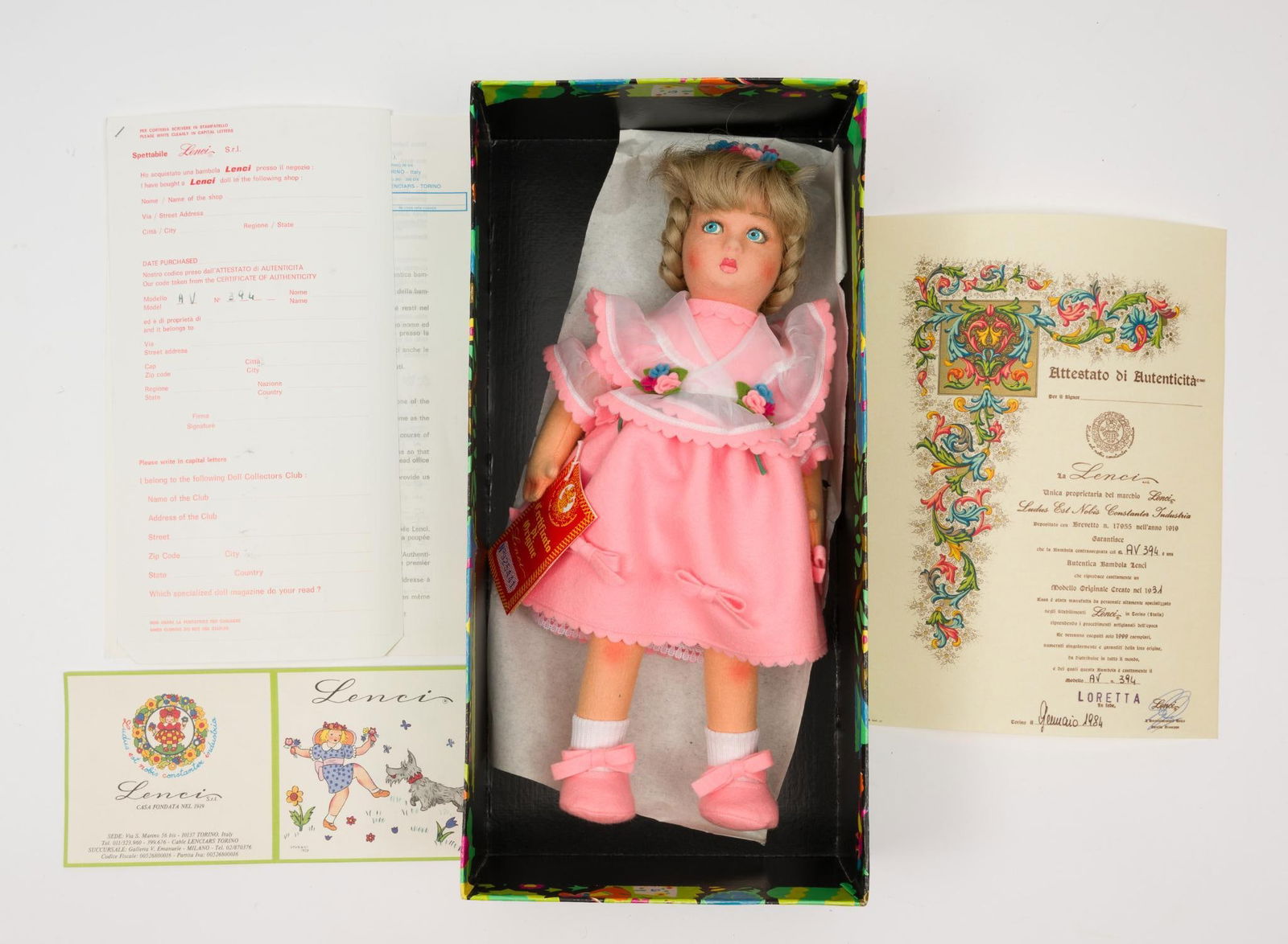 Lenci Doll w/ OB: Lenci doll in original box. Model AV 394. Made in 1931. With original paperwork.