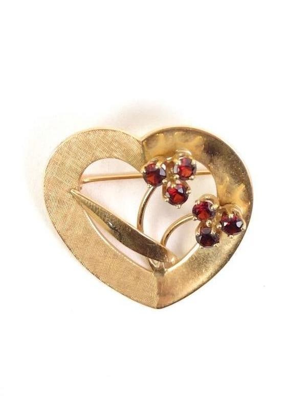 14K Gold & Garnet Flowers and Heart Pin (1 of 2)