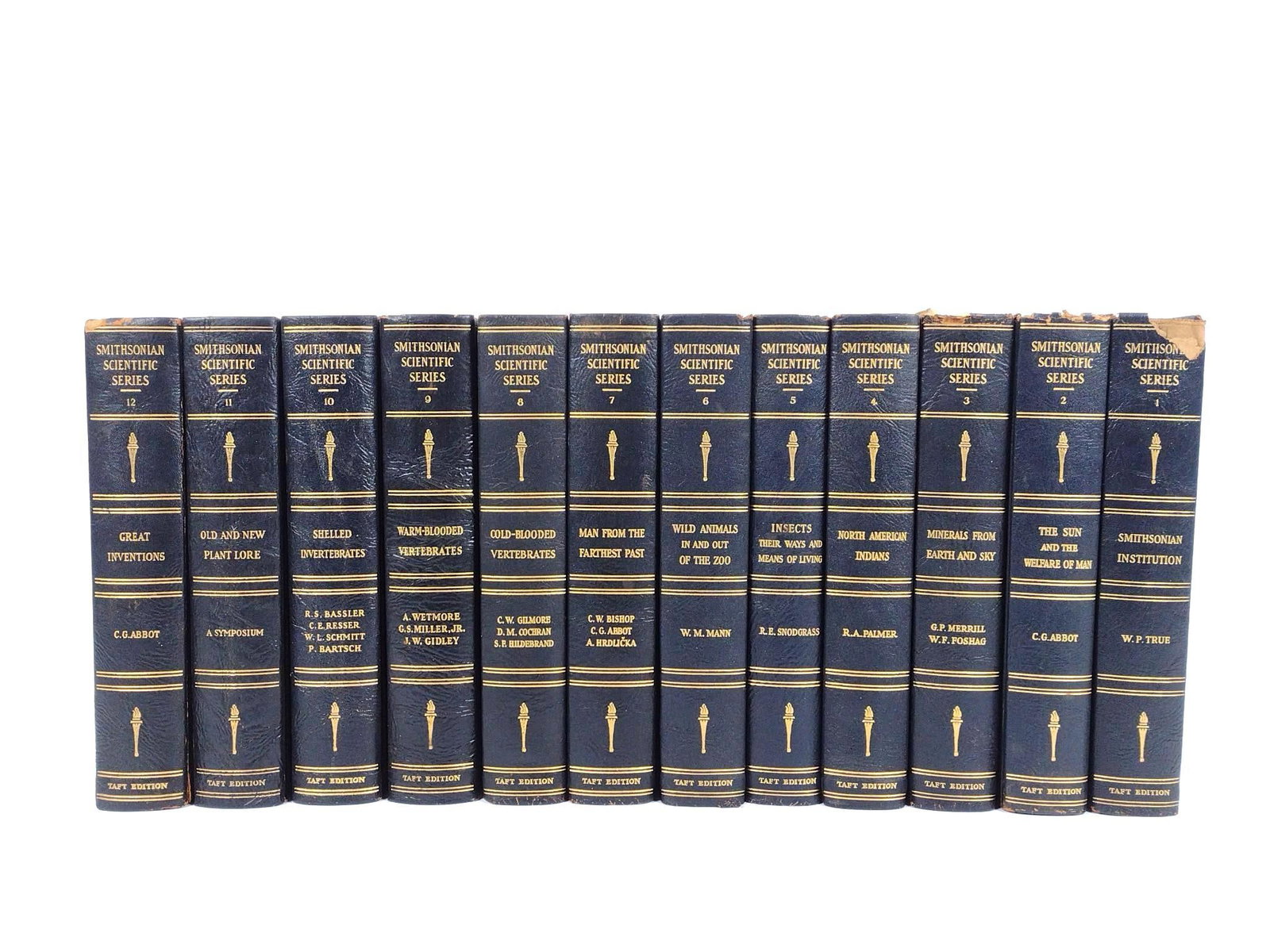12 Vols Smithsonian Scientific Series with Illustrations: Published by the Smithsonian Institution Series, Inc. New York. Copyright 1932. Leather bound. Some losses and discoloration. LR