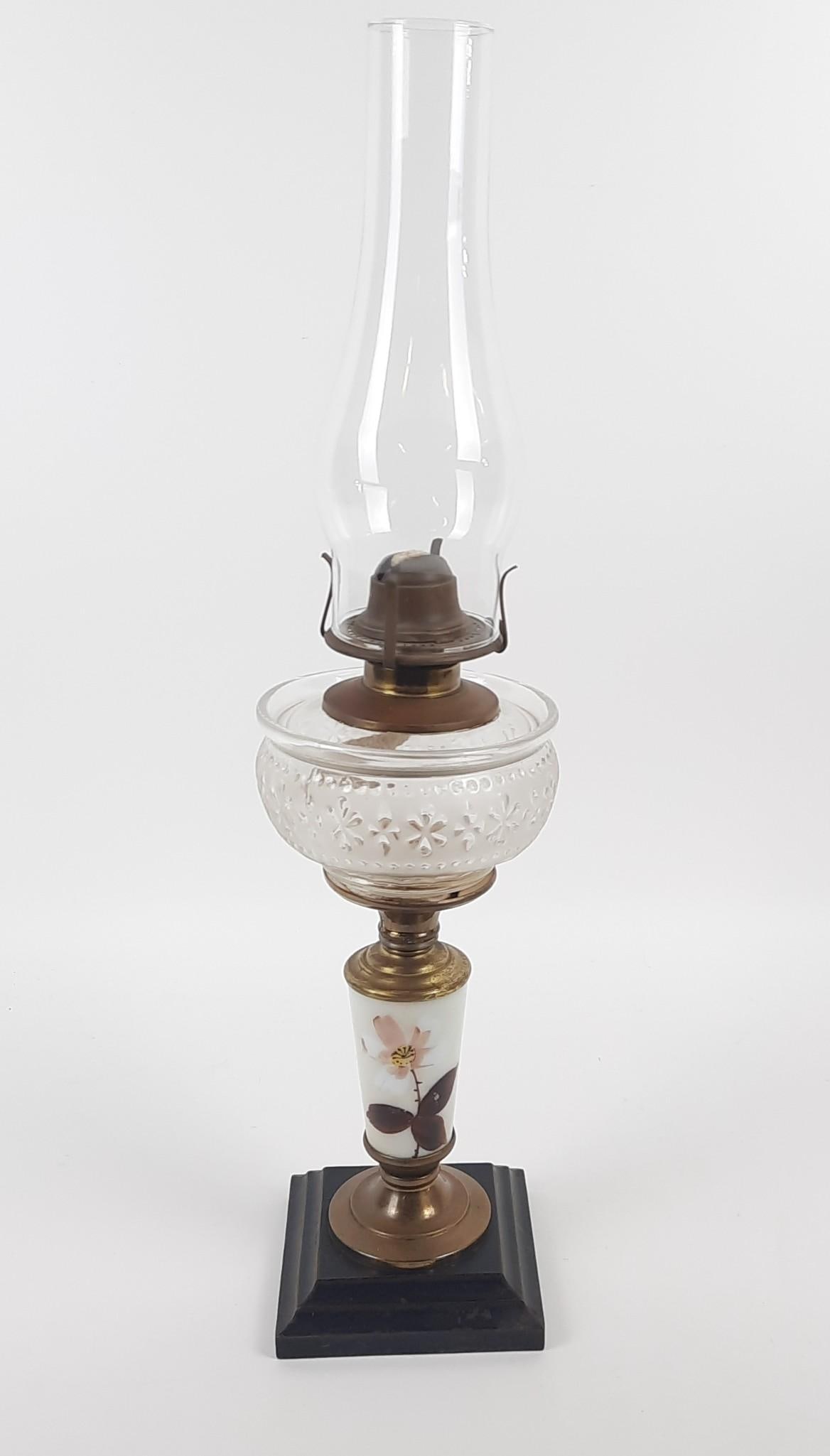 Vintage Oil Lamp with Hand Painted Flower: 6" diameter x 23" high. LR