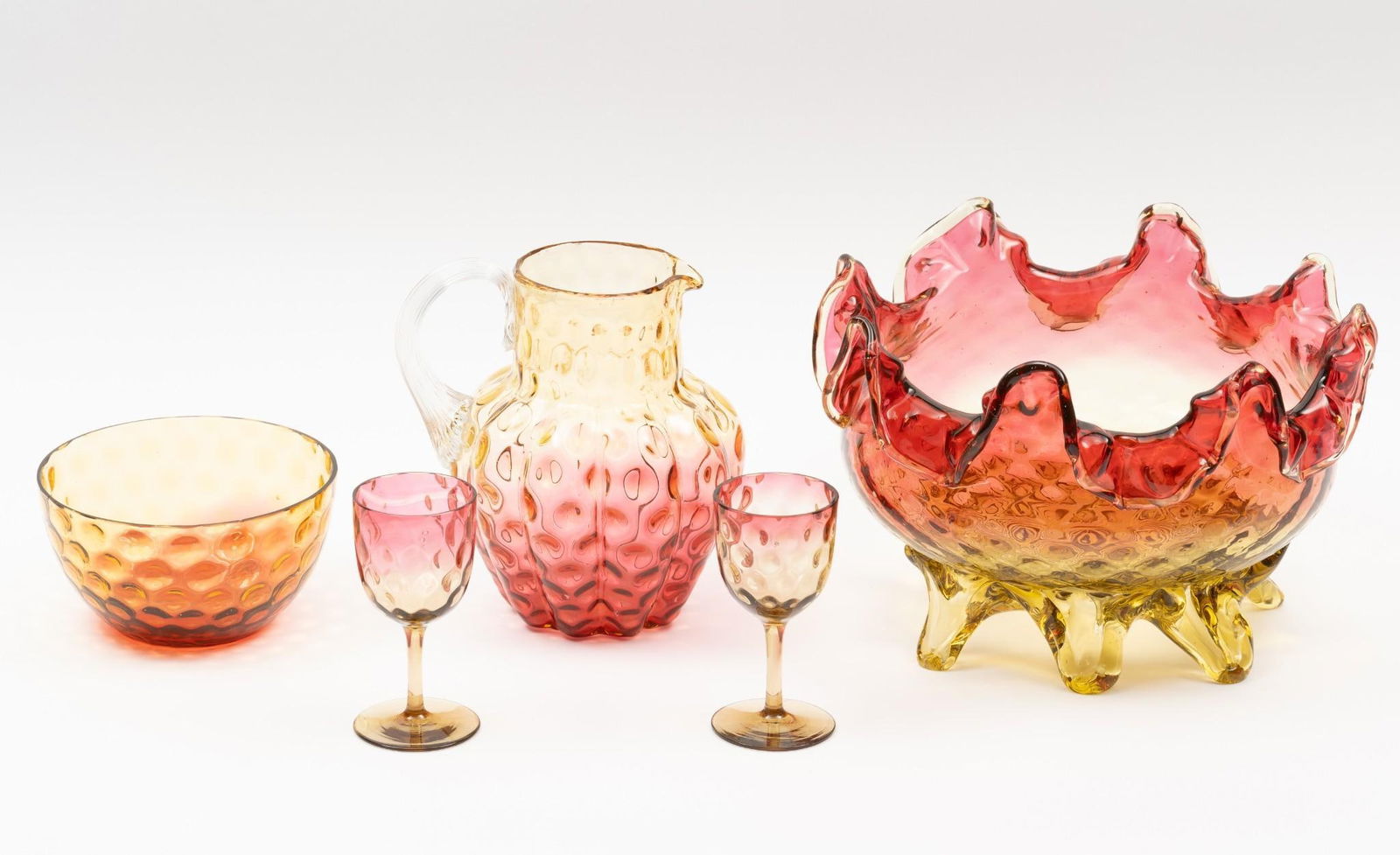 5 Pcs Amberina Glassware: 2-2/3" to 6-1/2" high. LR