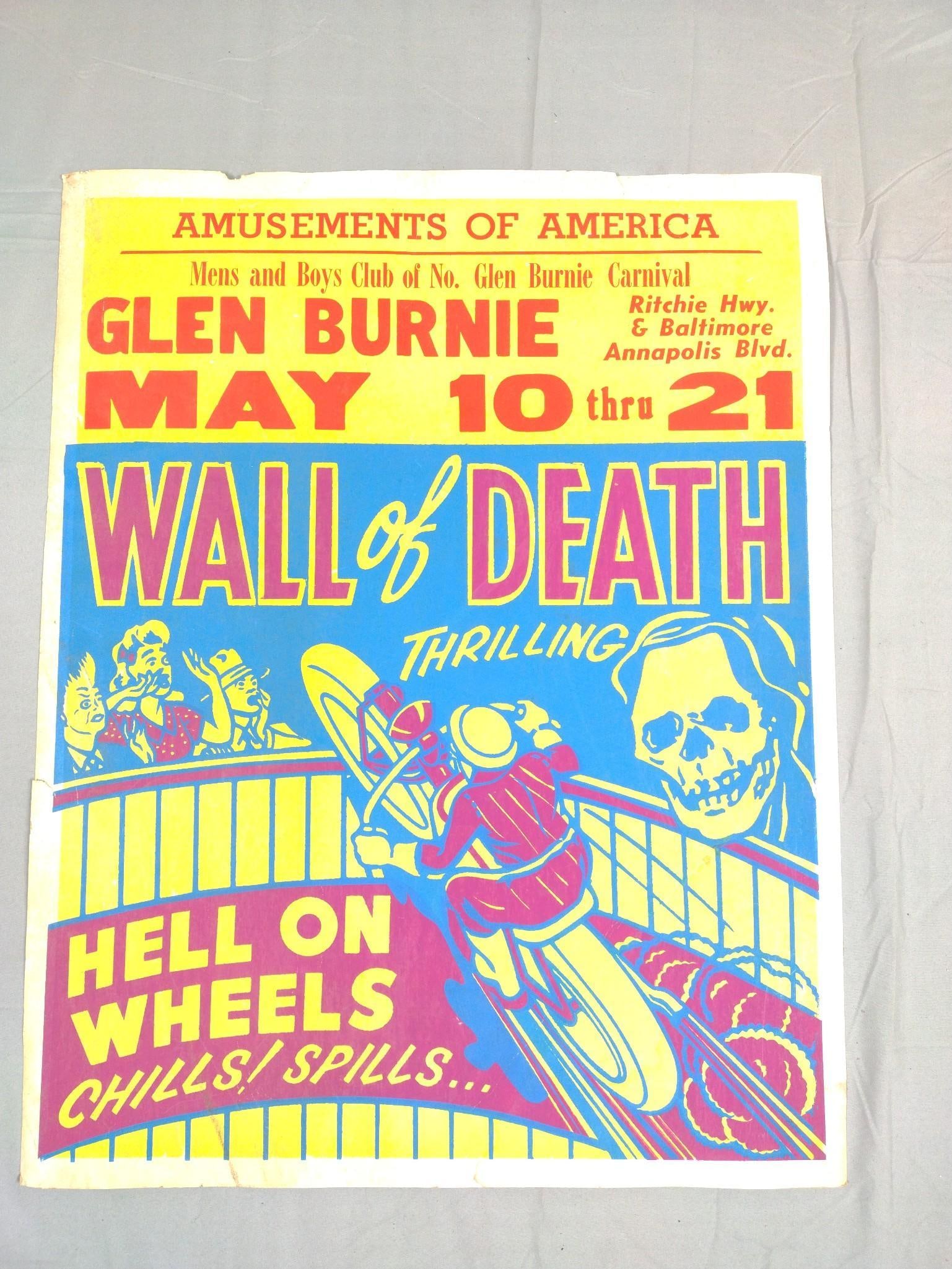 Glen Burnie Wall of Death Circus Poster: 28" high x 22" wide. Some discoloration, losses and tears. LR