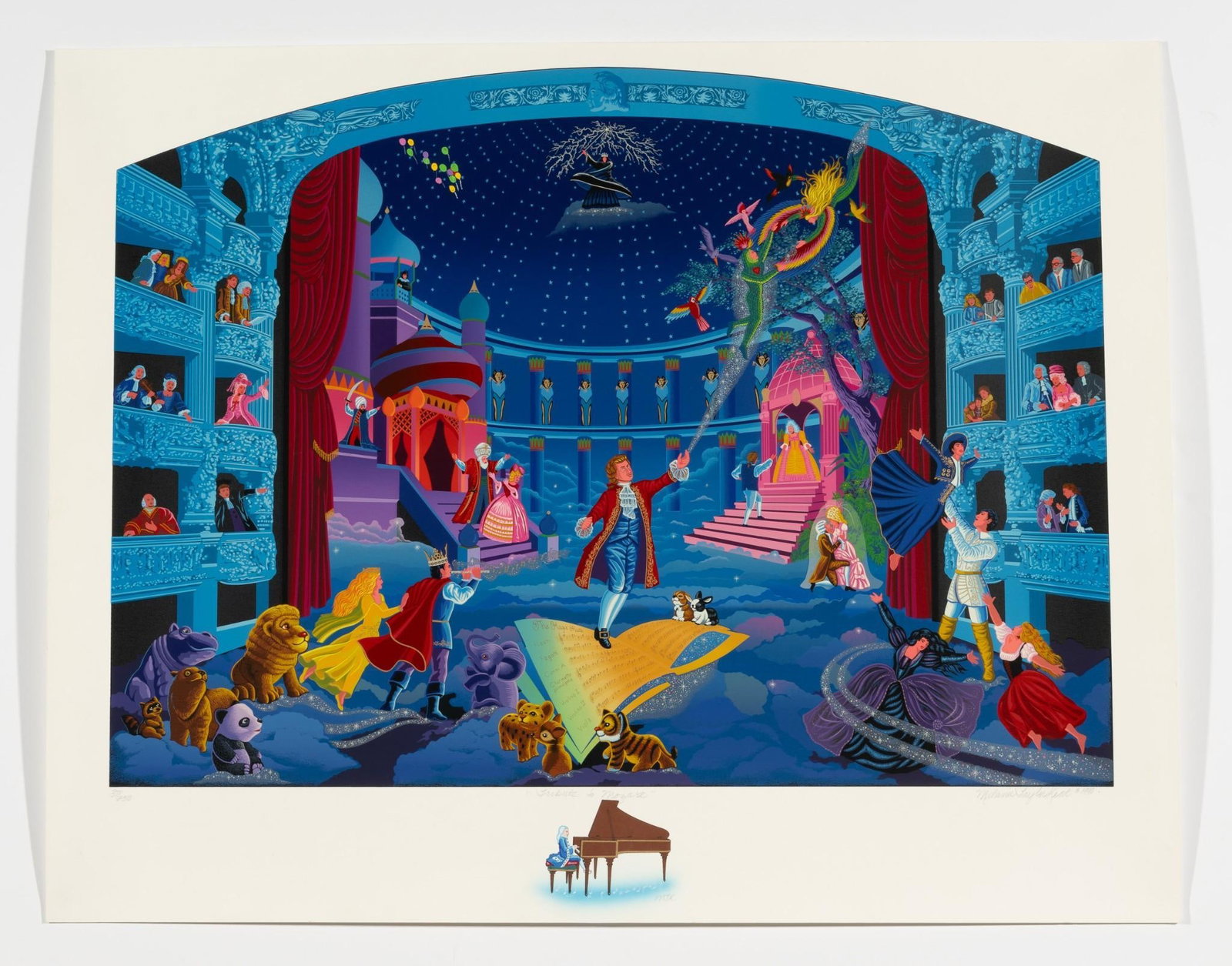 Melanie Taylor Kent Silkscreen on paper Tribute to Mozart: Melanie Taylor Kent (21st century) is active/lives in California, Pennsylvania. Melanie Kent is known for Theme park, commemorative events, celebrity portrait paintings. 28 1/4" X 36" including the wh