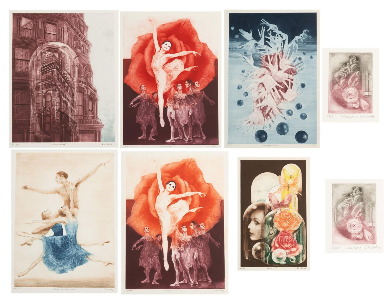 G. H. Rothe (8) Color Mezzotint Prints on Paper "Arise Arose, Dancing Hands, Ballet in New York" (1 of 13)