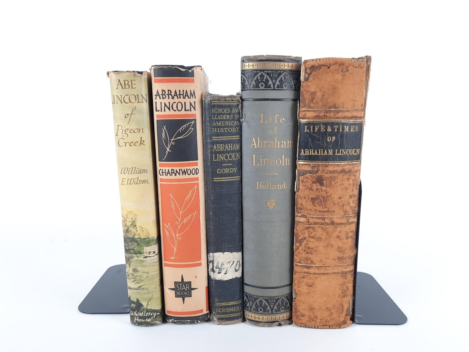 5 Abraham Lincoln Books incl Leatherbound: The Life and Times of Abraham Lincoln, Philadelphia, 1865; The Life of Abraham Lincoln, Springfield, Mass., 1866; Heroes and Leaders in American History: Abraham Lincoln, 1917; Charnwood's Lincoln, 19