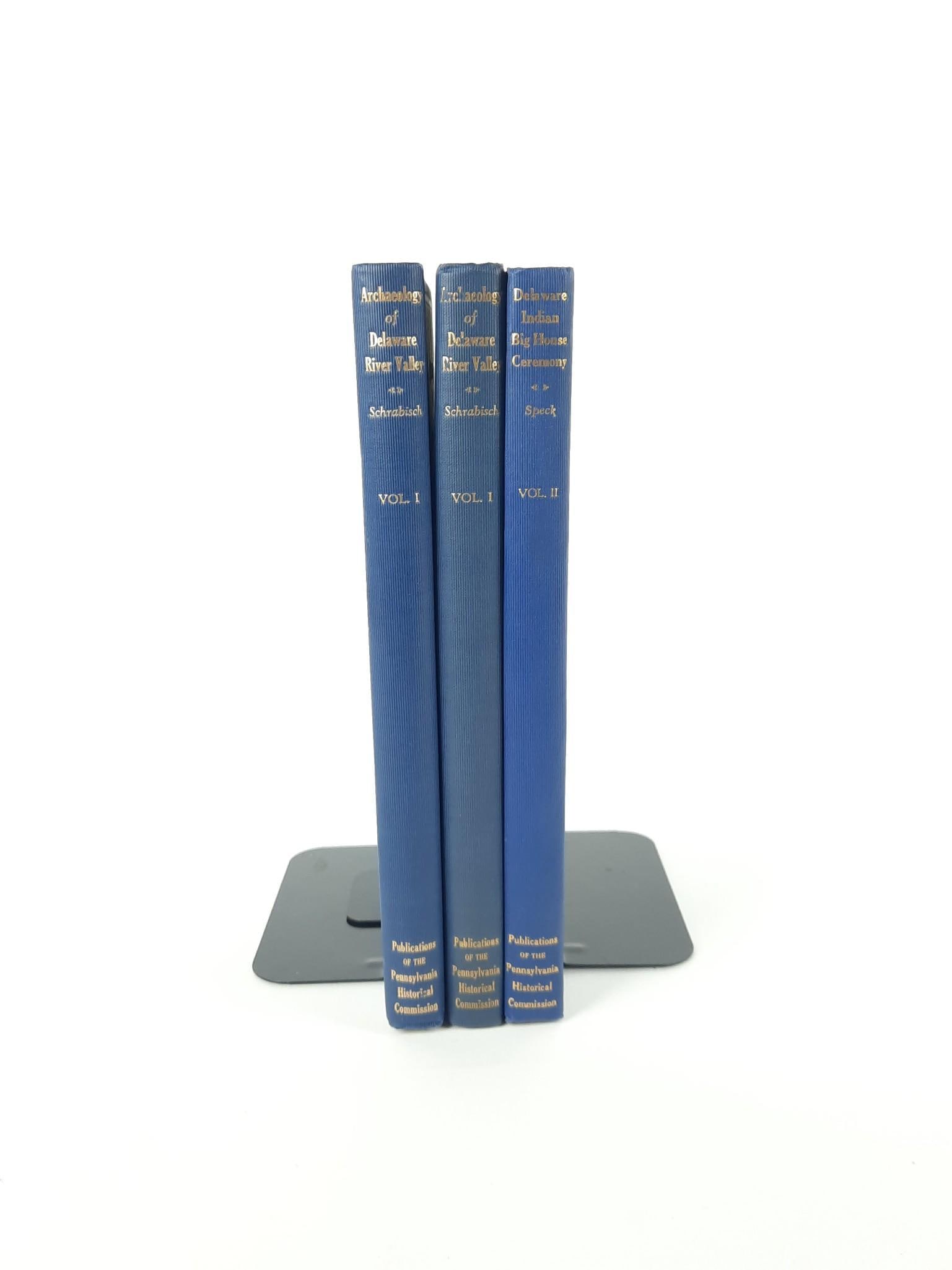 3 Volumes Archaeology of Delaware River Valley: Two copies of Volume I by Max Schrabisch and one copy of Volume II by Frank G. Speck. Good condition with light wear. EK