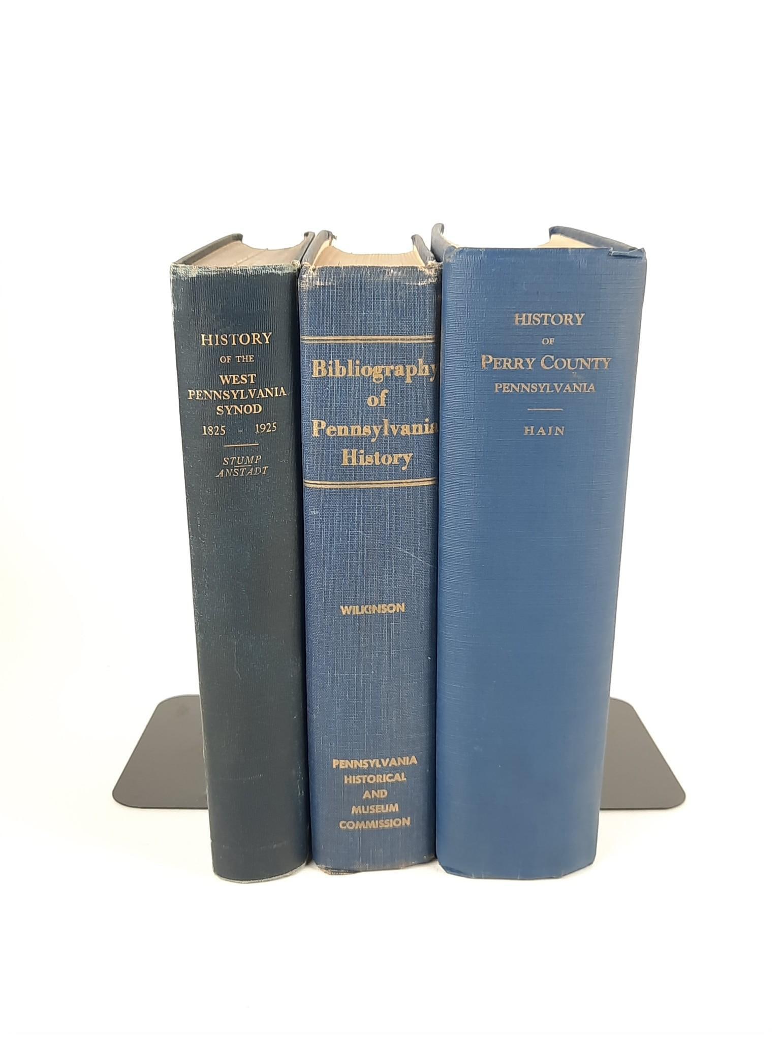 3 Pennsylvania History Books: History of Perry County, Pennsylvania, 1922; Bibliography of Pennsylvania History, 1957; History of the Evangelical Lutheran Synod of Weest Pennsylvania, 1925. All with shelf wear and loose bindings. 