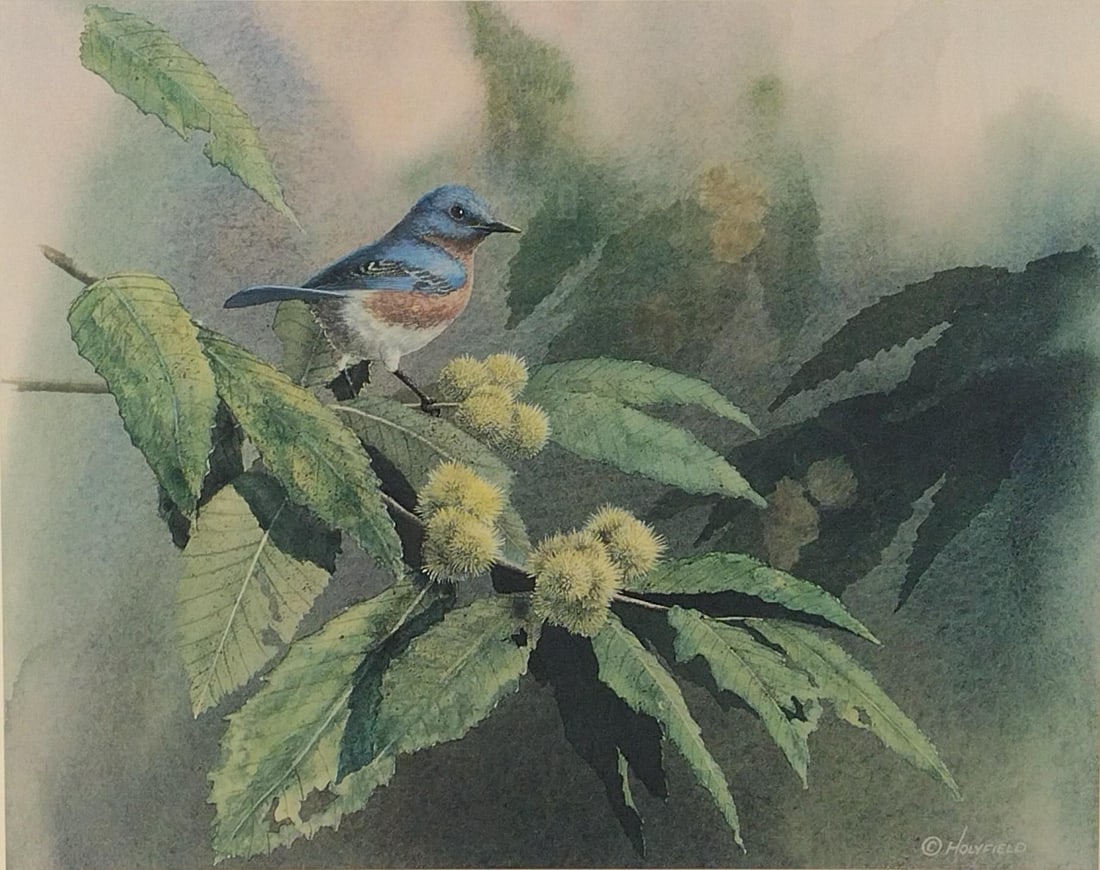 Ron Holyfield "A Flash of Blue" Print: Sight: 18-3/4" high x 20-1/2" wide. Overall with frame: 21" high x 22-3/4" wide. LR