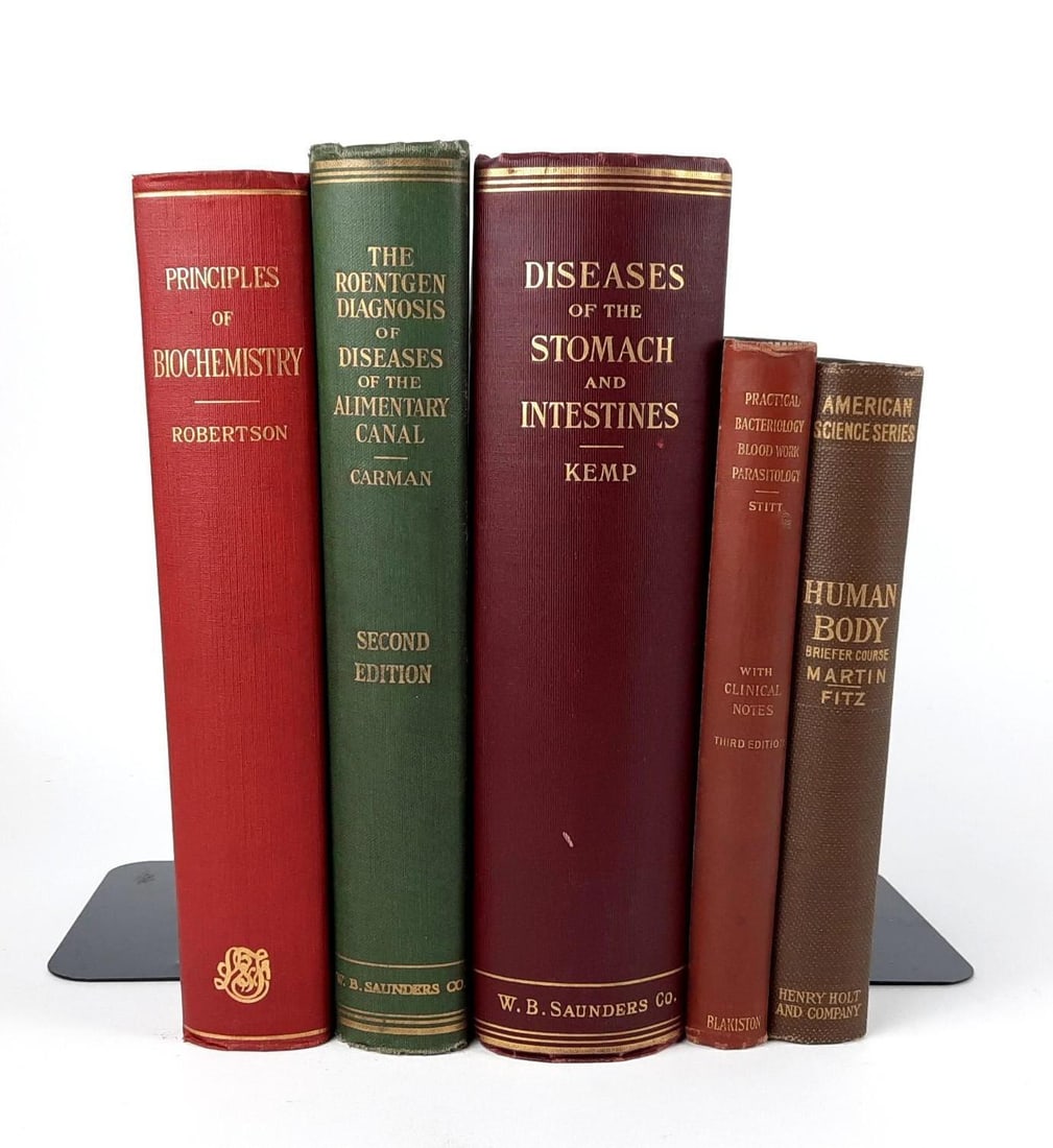 5 Medical & Scientific Books: Diseases of the Stomach and Intestines, 1910; Principles of Biochemistry, 1920; The Roentgen Diagnosis of Diseases of the Alimentary Canal, 1921; Practical Bacteriology, Blood Work and Animal Parasito