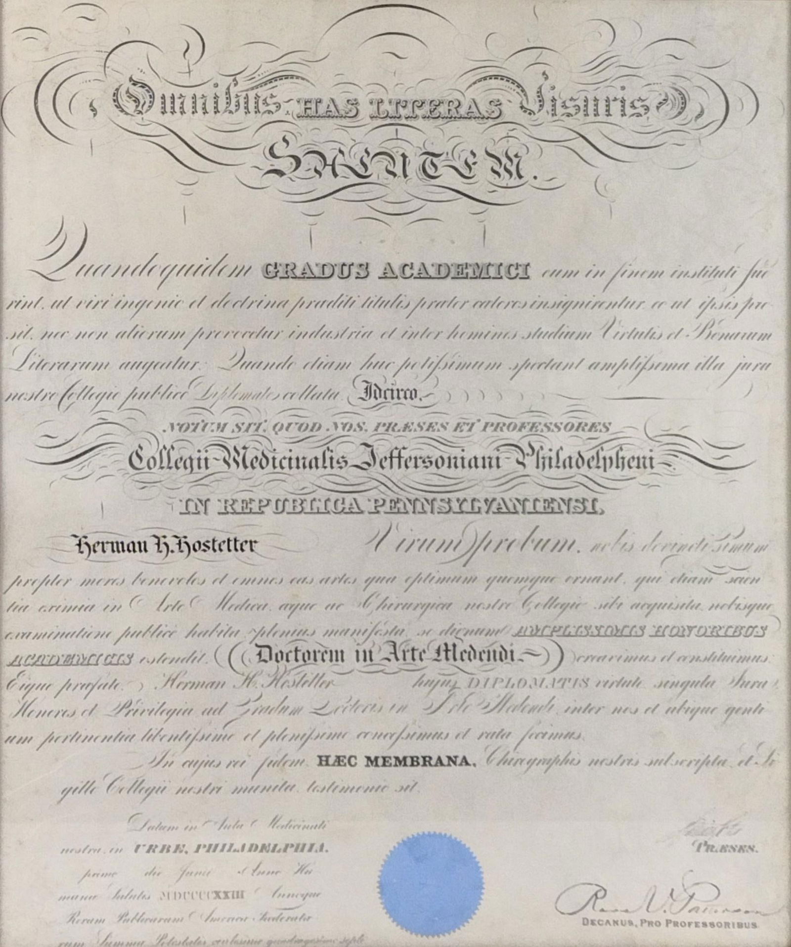 1823 Thomas Jefferson College of Medicine Dimploma: Herman H. Hostetter. Dated 1823. Sight: 22-1/4" high x 18-1/2" wide. Overall with frame: 25-1/4" high x 21-1/2" wide. LR