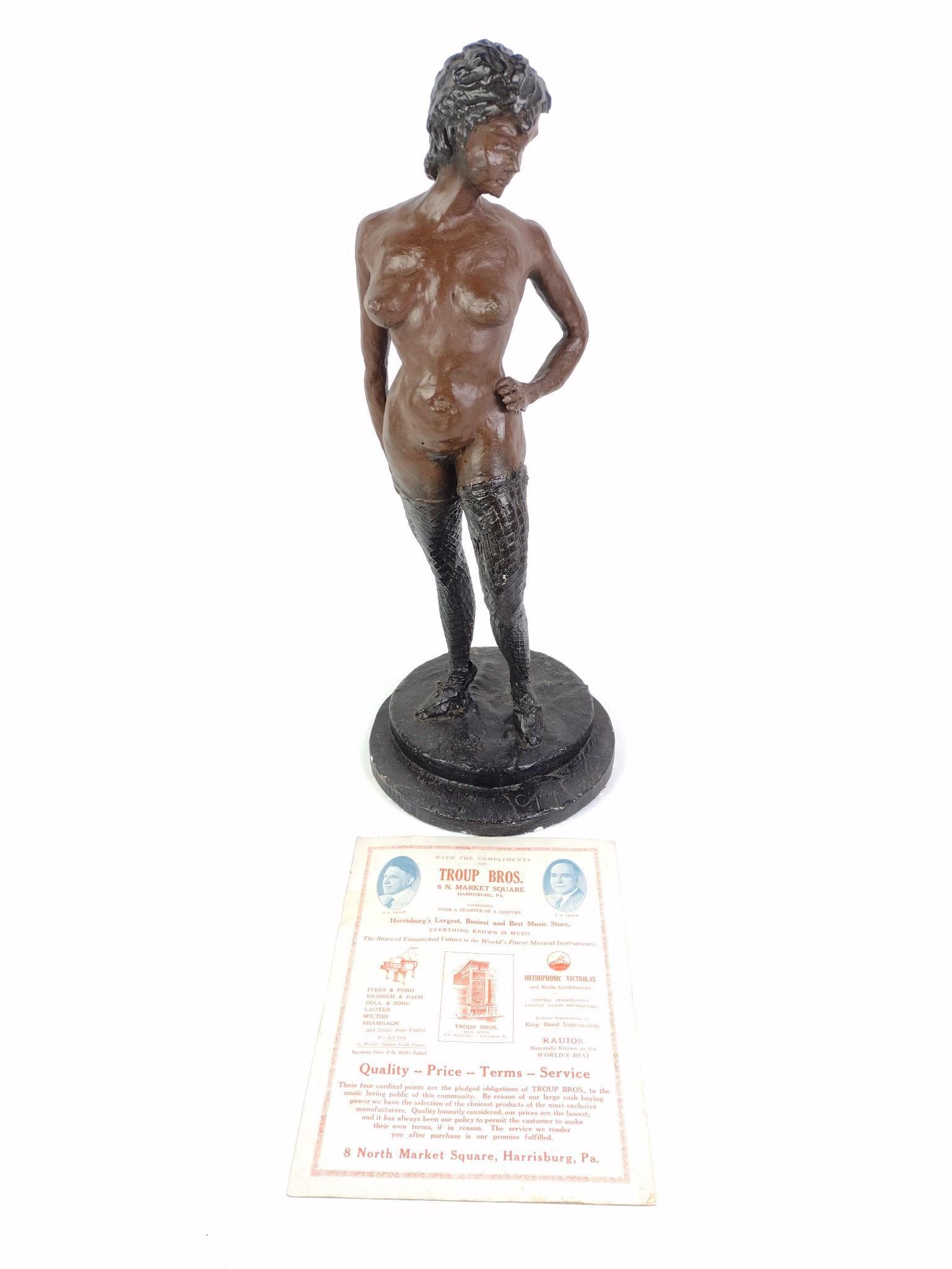 Troup Nude Sculpture with Troup Bros Advertising: Troup Bros. 8 N Market Square, Harrisburg, PA. Sculpture 24" high, 10" wide at base. EK