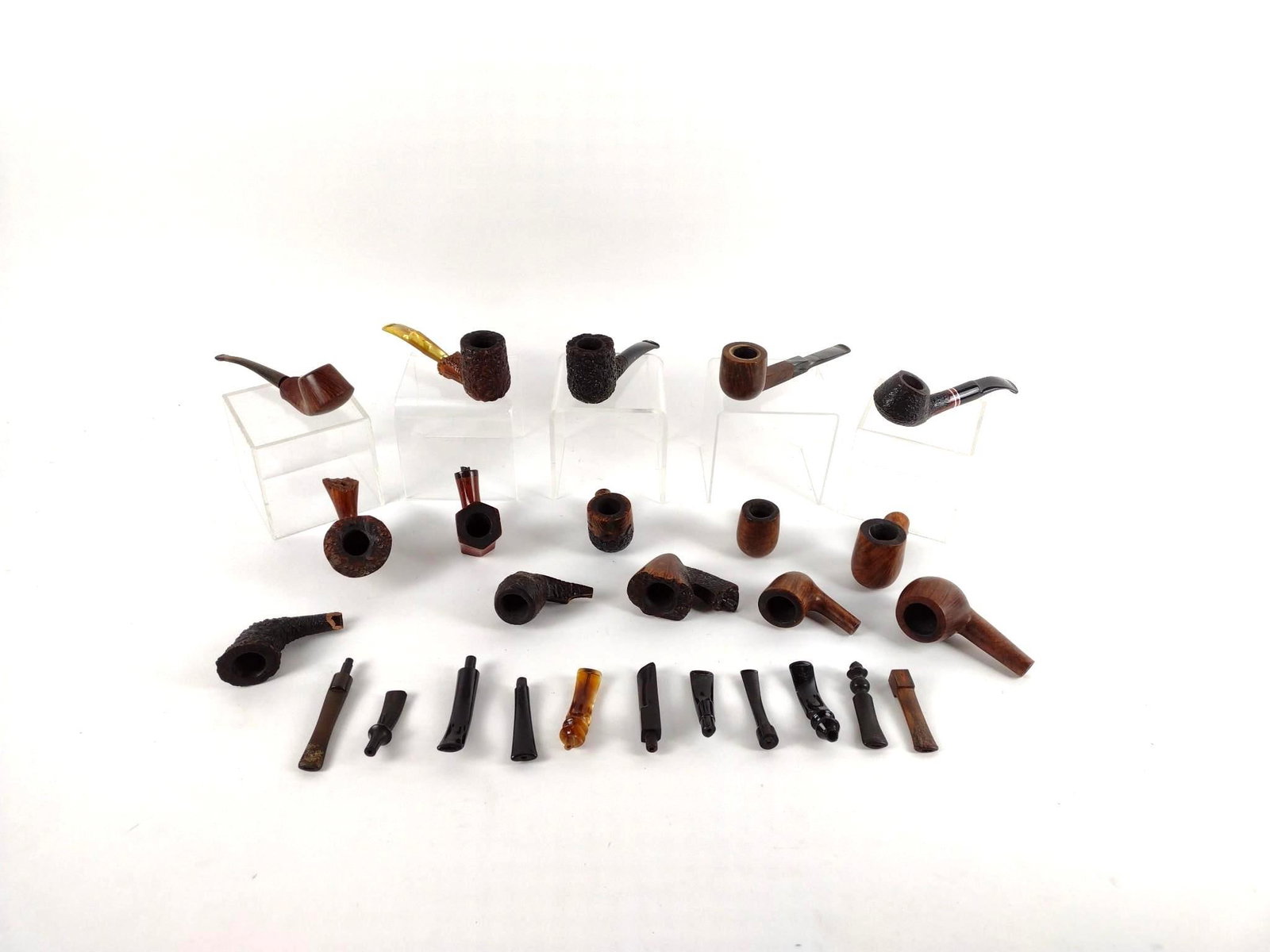 Lot of Pipes & Pipe Pieces: Includes Seville, Caminetto, Stanwell, Castello, and more. 1-1/2" to 2" wide x 5-3/4" to 6-1/2" long. MEG