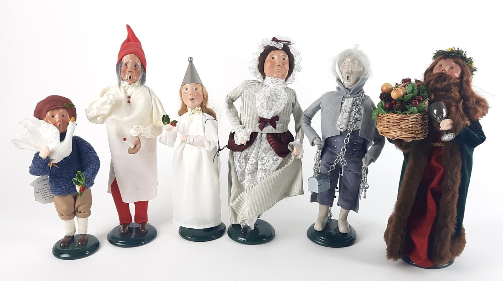6 "Christmas Carol" Byers Choice Carolers: 10-1/4" to 14-1/4" high. Goose attached with stick pin.