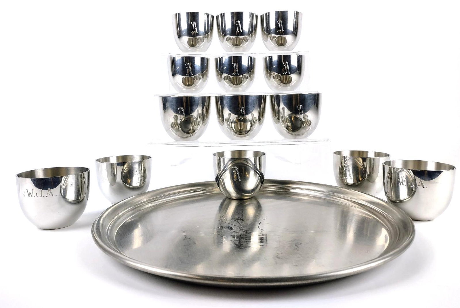 14 Stieff Pewter Jefferson Cups & Tray: Cups: 2-1/2" to 3" high. Tray: 14" diameter. Cups all engraved with capitol A.