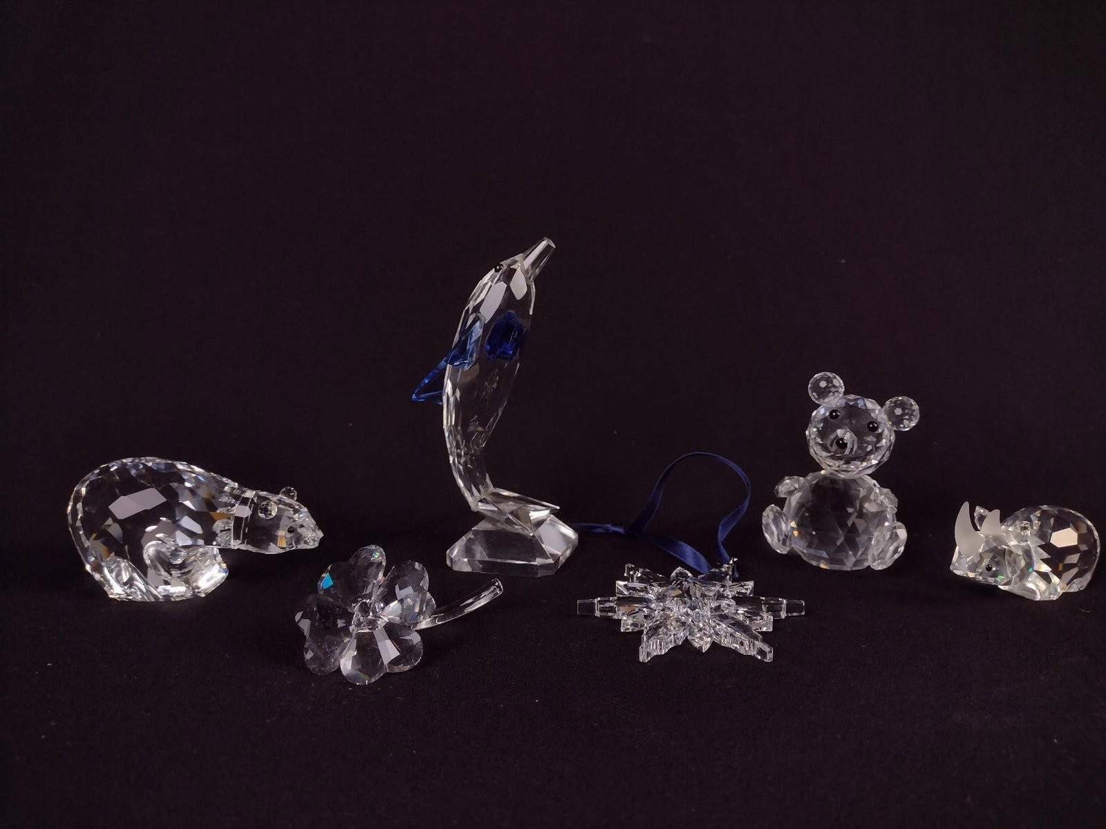 5 Glass Figurines & Christmas Ornament incl Swarovski: Dolphin and flower unmarked. 1" to 5" high.
