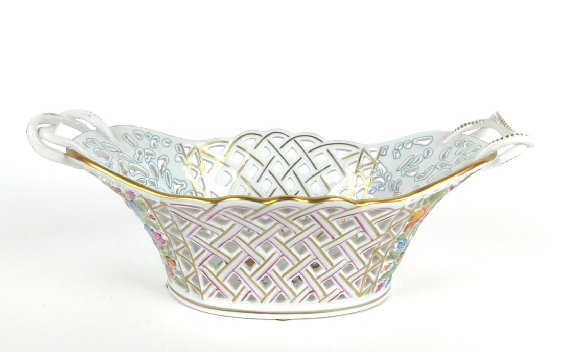 Herend Reticulated Bowl with Bird: 11" wide x 6-1/2" deep x 4-1/2" high.