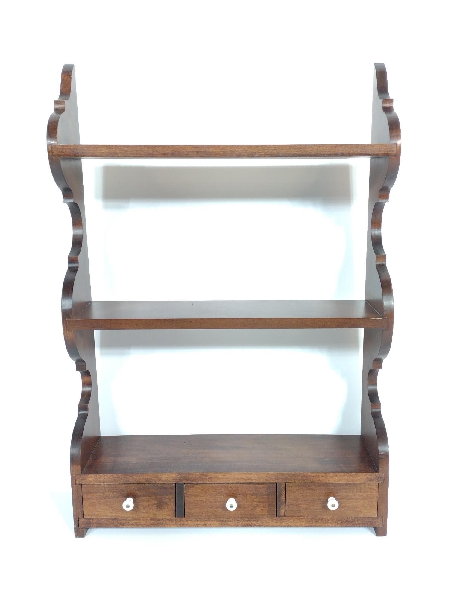 3 Drawer Wall Shelf: No makers name found. 21-1/2" wide x 5-1/2" deep x 32" high.