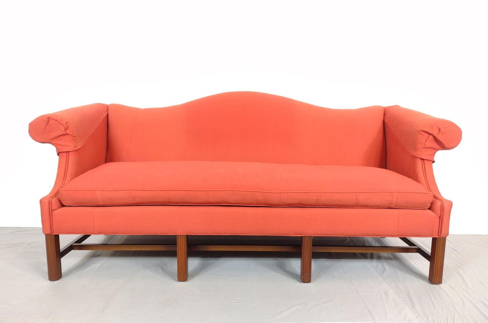 Chippendale Style Sofa: 85" wide X 33" deep X 38" high. Has some discoloring. Also has sun fading. MG.