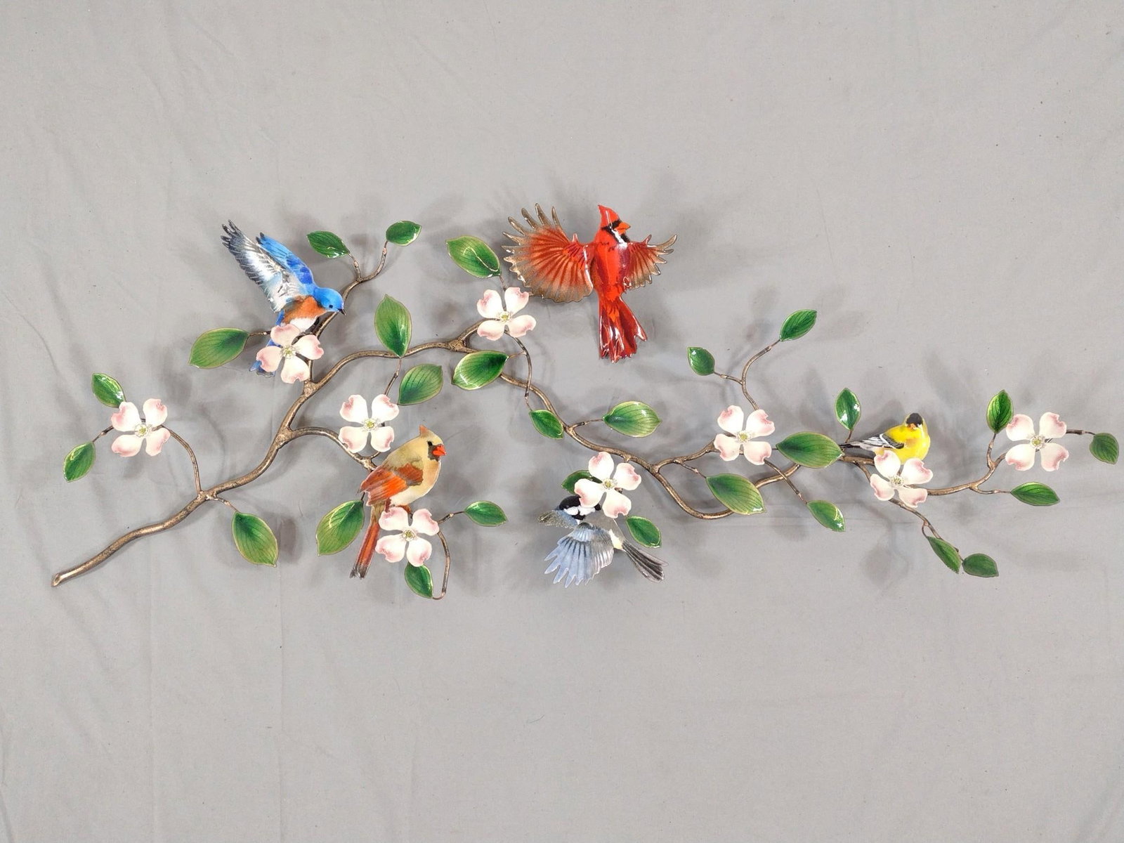 Enameled Bird and Flower Wall Sculpture: 38" wide X 16" high.